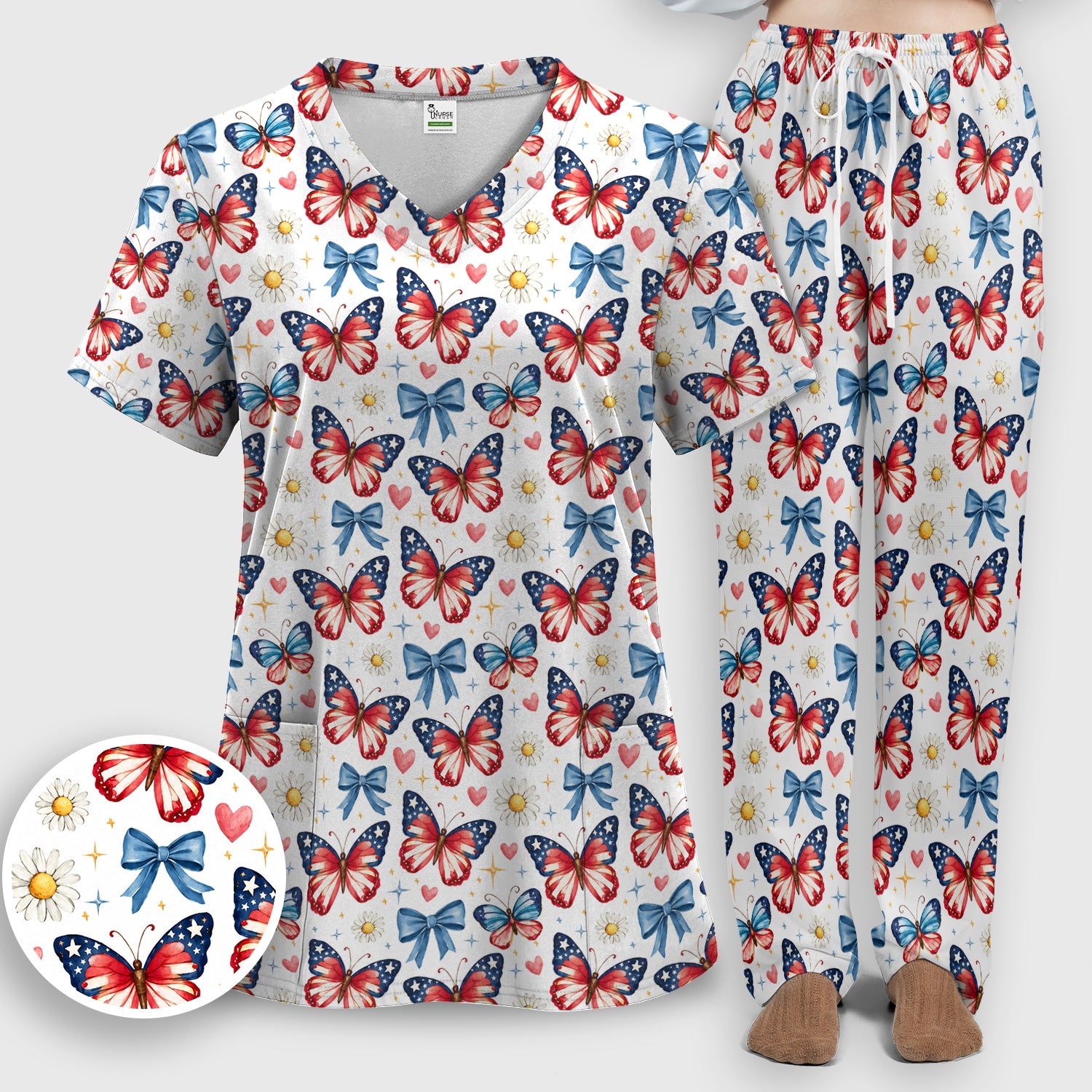 Patriotic Butterfly Bow Daisy Pattern Scrub Set, Scrub Pants and V Neck Top