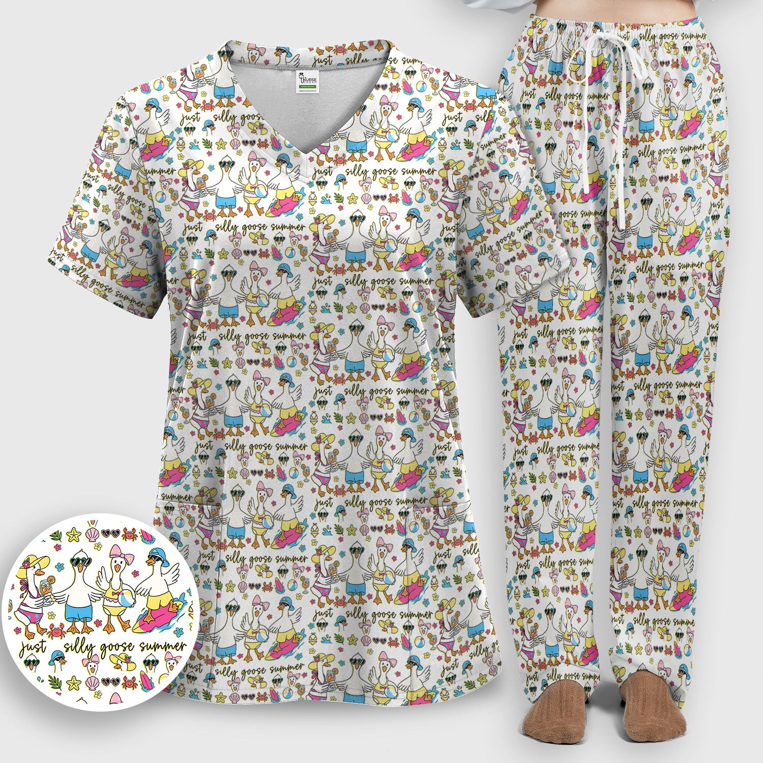 Silly Goose Summer Pattern Scrub Top, Breathable Fabrics Nursing Uniform