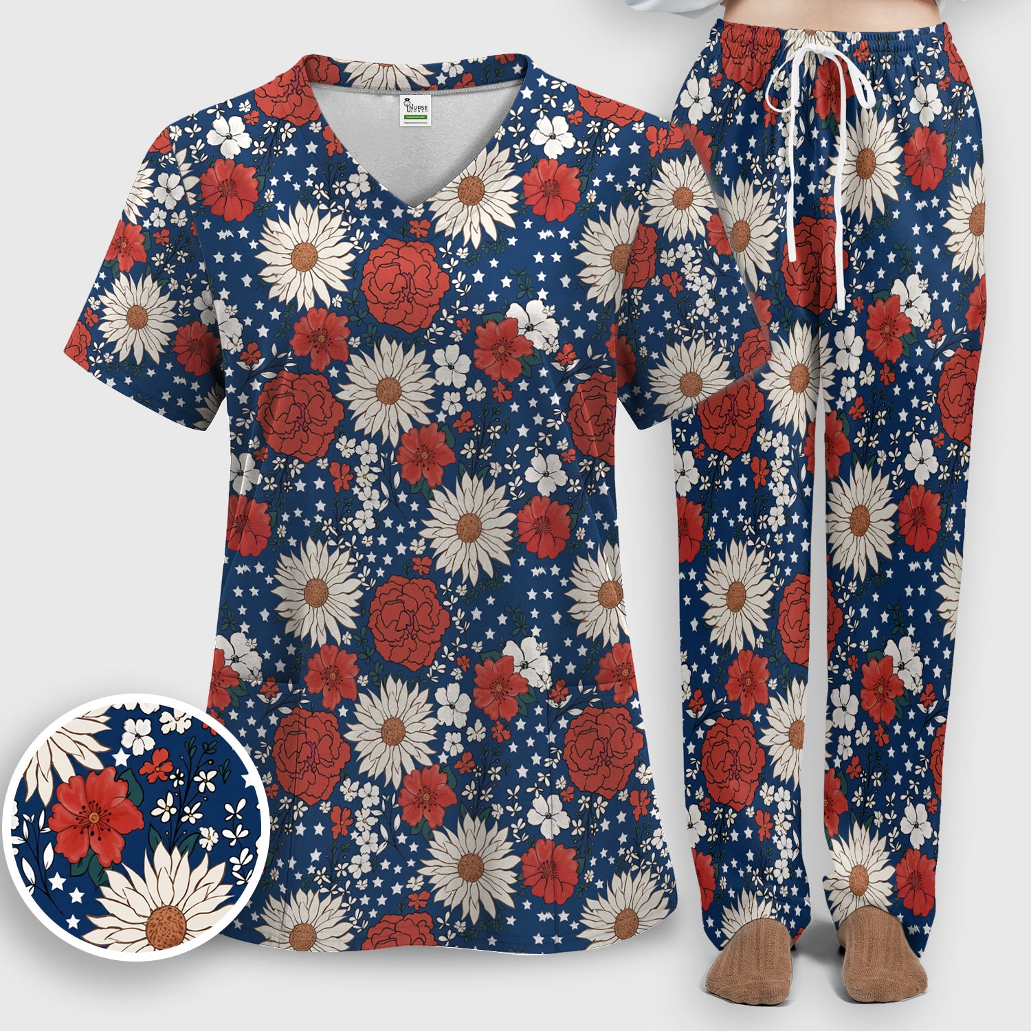 Red White Blue Floral Pattern Scrub Set, Scrub Pants and V Neck Top