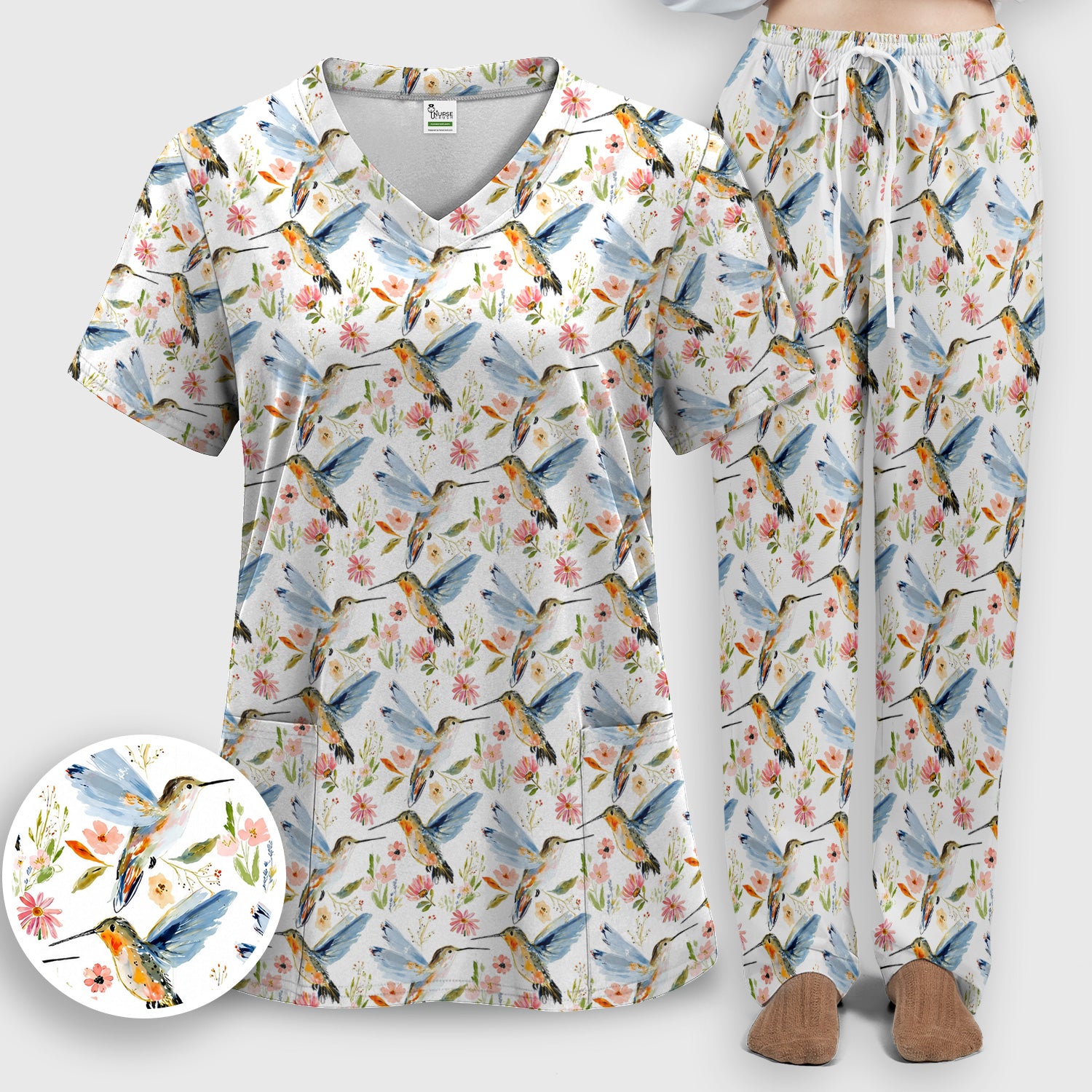 Watercolor Hummingbird Floral Pattern Scrub Set, Scrub Pants and V Neck Top