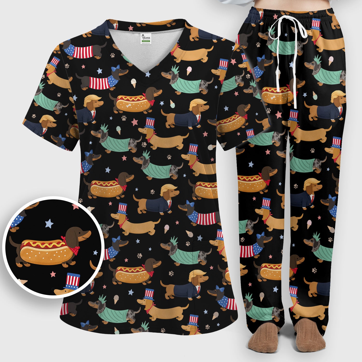Funny Patriotic Dachshund Costume Dogs Scrub Set, Women's Scrub Sets