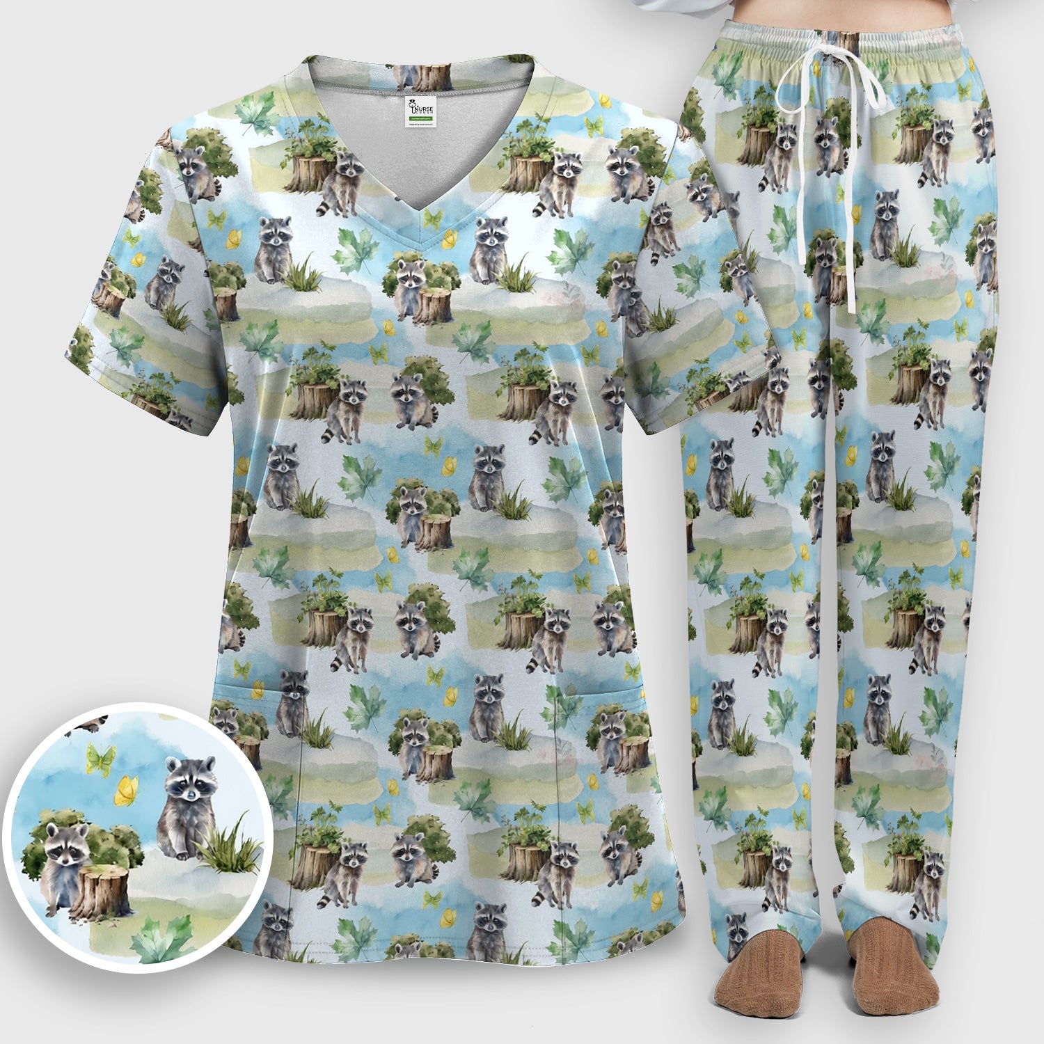Cute Raccoon Woodland Print Scrub Set, Scrub Pants and V Neck Top