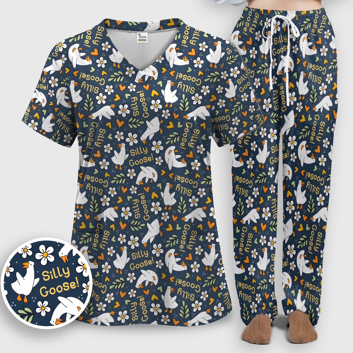 Silly Goose Floral Pattern Scrub Set, Scrub Pants and V Neck Top