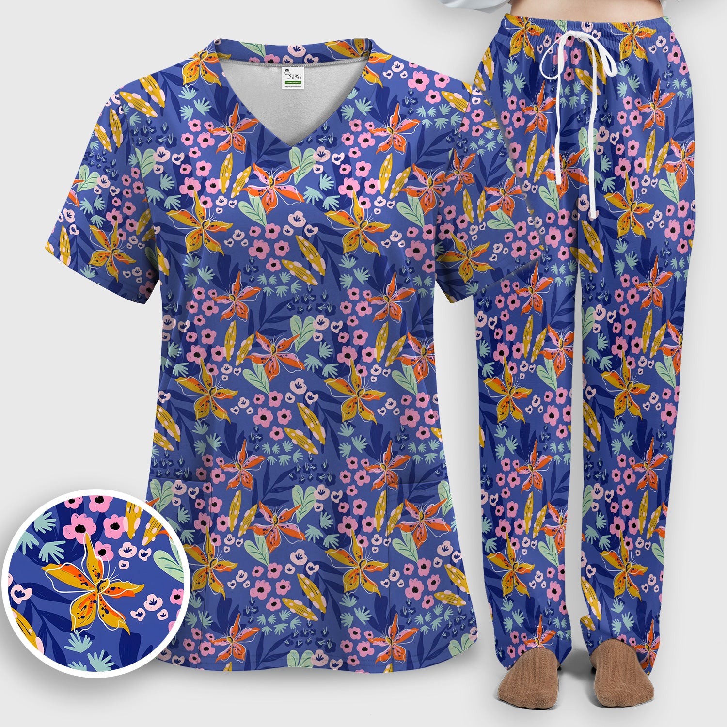 Nurse Blue Lily Floral Garden Pattern Scrub Set, Scrub Pants and V Neck Top