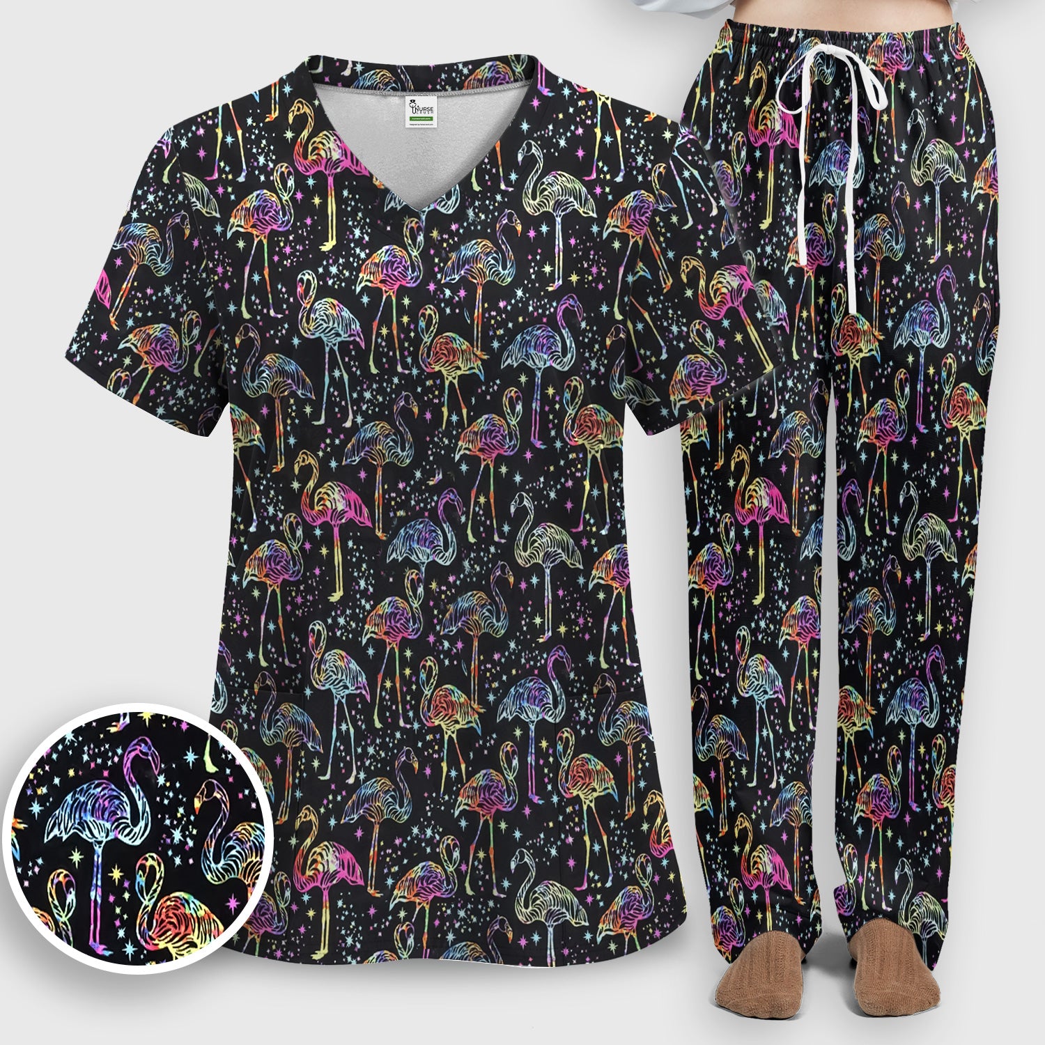 Neon Flamingo Starry Night Pattern Scrub Set, Scrub Pants and V Neck Top