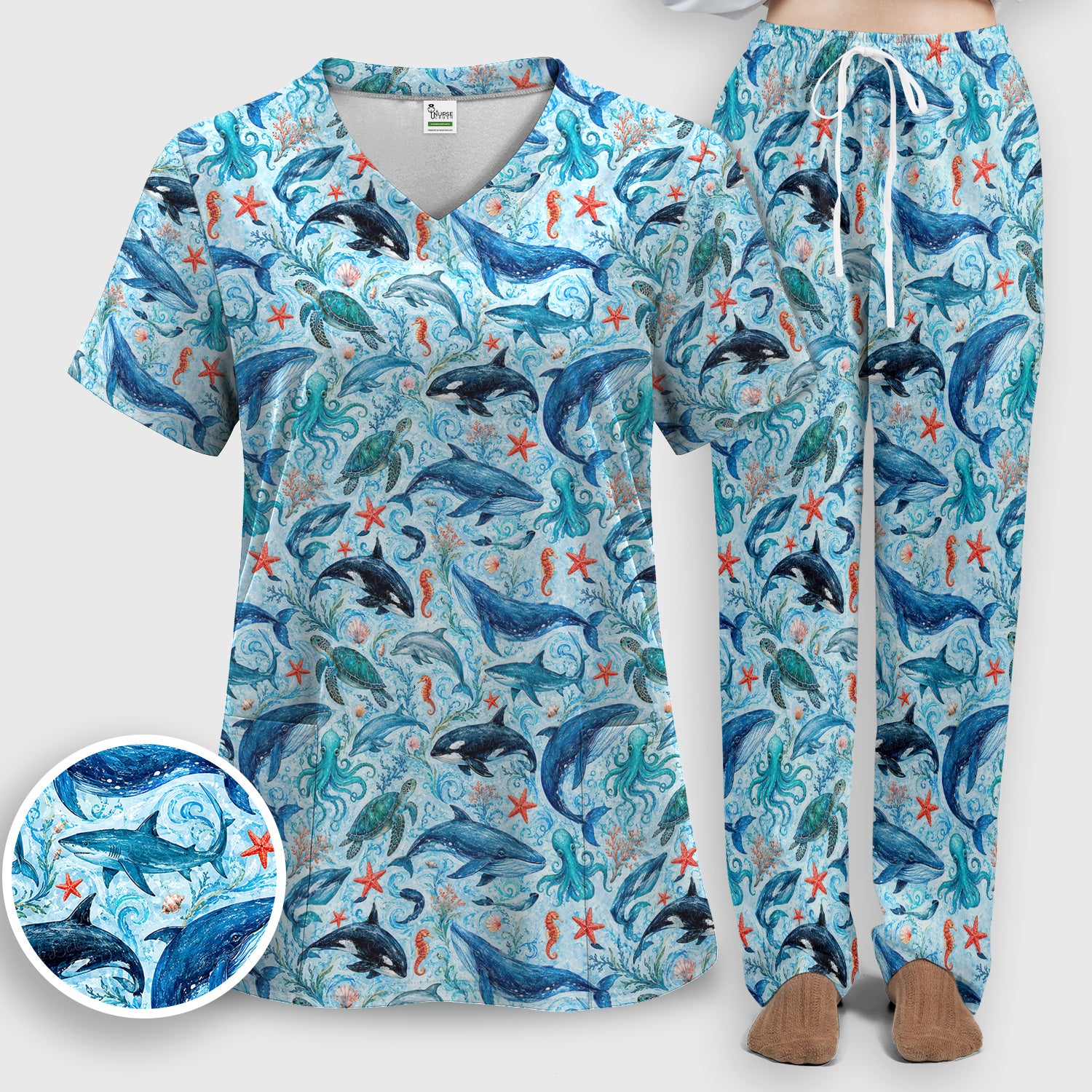 Watercolor Ocean Wildlife Scene Pattern Scrub Set, Scrub Pants and V Neck Top