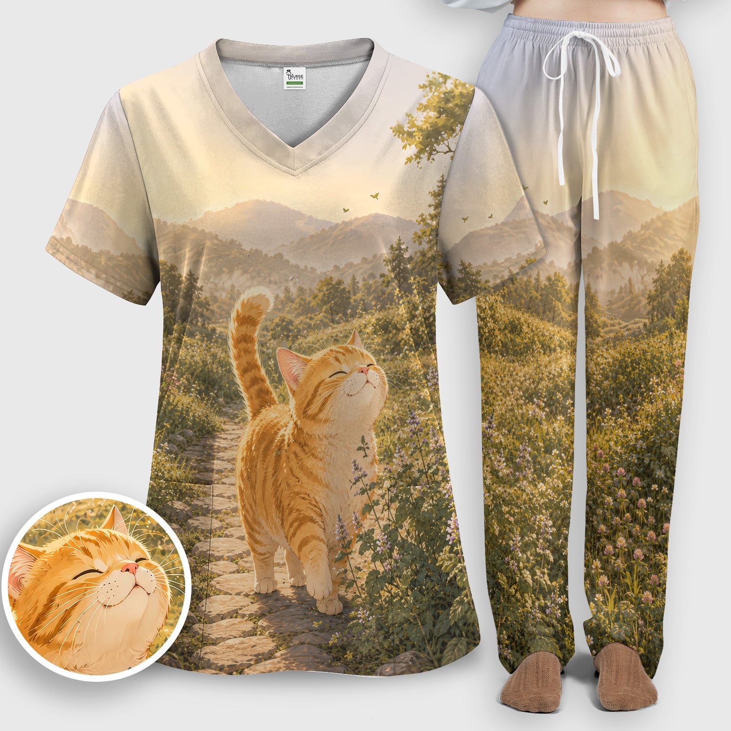 Sunny Mountain Cat Nurse, Nature Lover Medical Scrub Set, Scrub Pants and V Neck Top