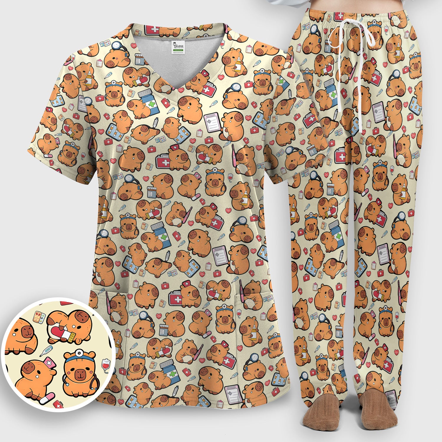 Capybara With Stethoscope And Medical Tools Seamless Scrub Set, Breathable Med Uniform