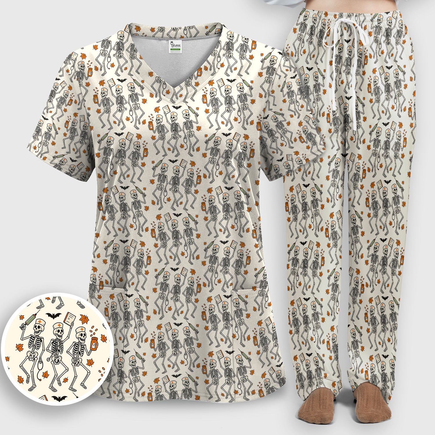 Funny Halloween Skeleton Pattern Scrub Set, Scrub Pants and V Neck Top