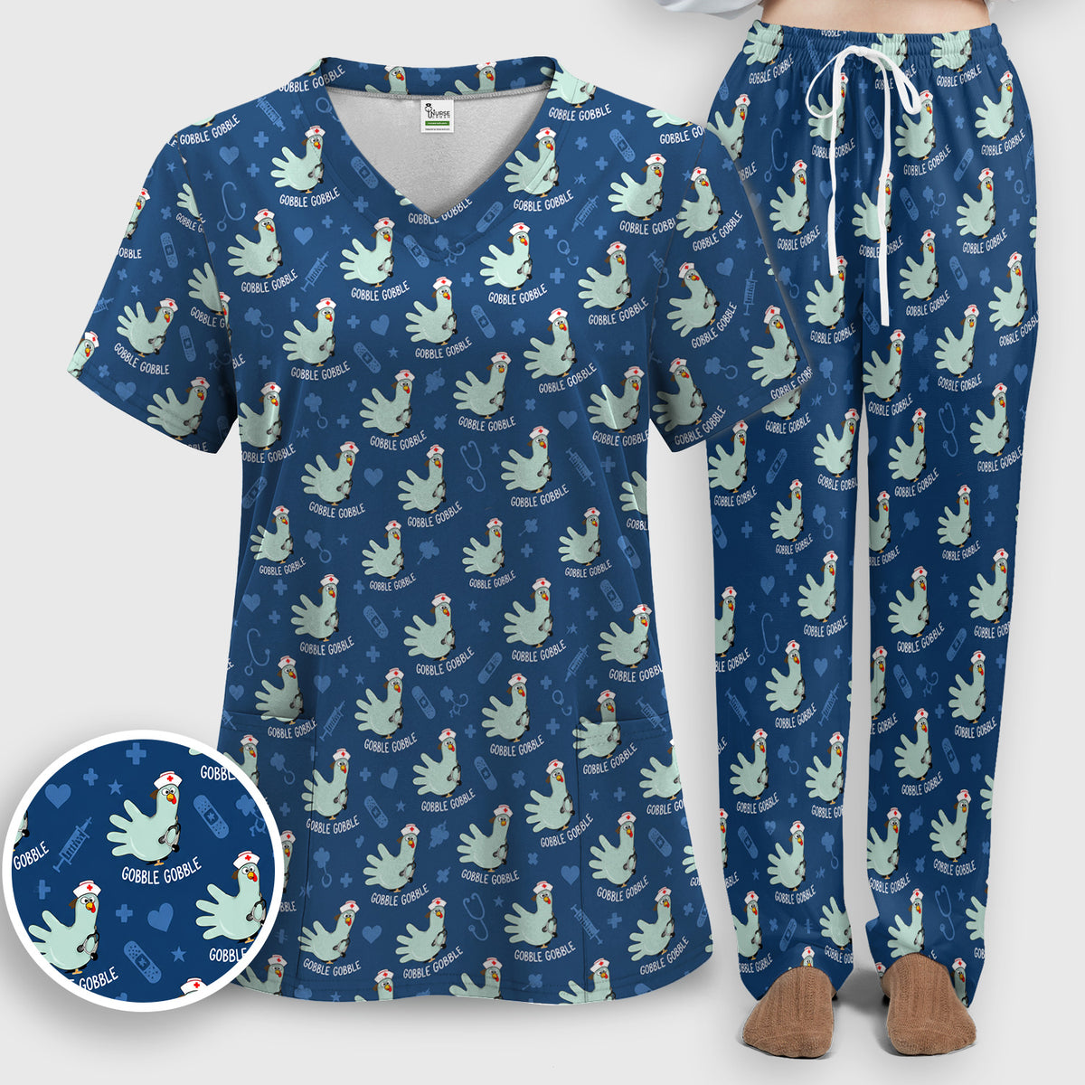 Funny Gobble Gobble Nurse Turkey Scrub Set, Scrub Pants and V Neck Top