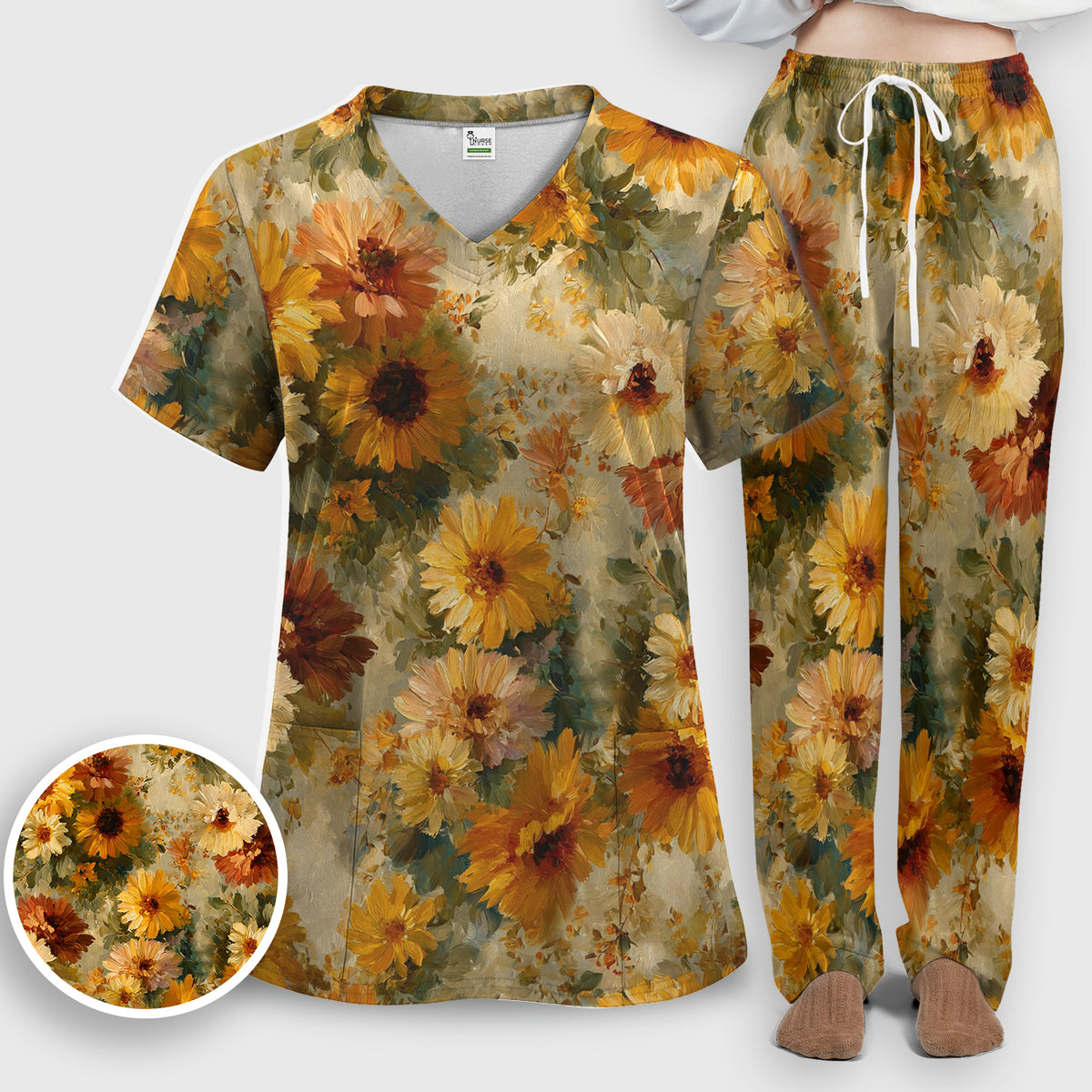 Vintage Sunflower Oil Painting Scrub Set, Scrub Pants and V Neck Top
