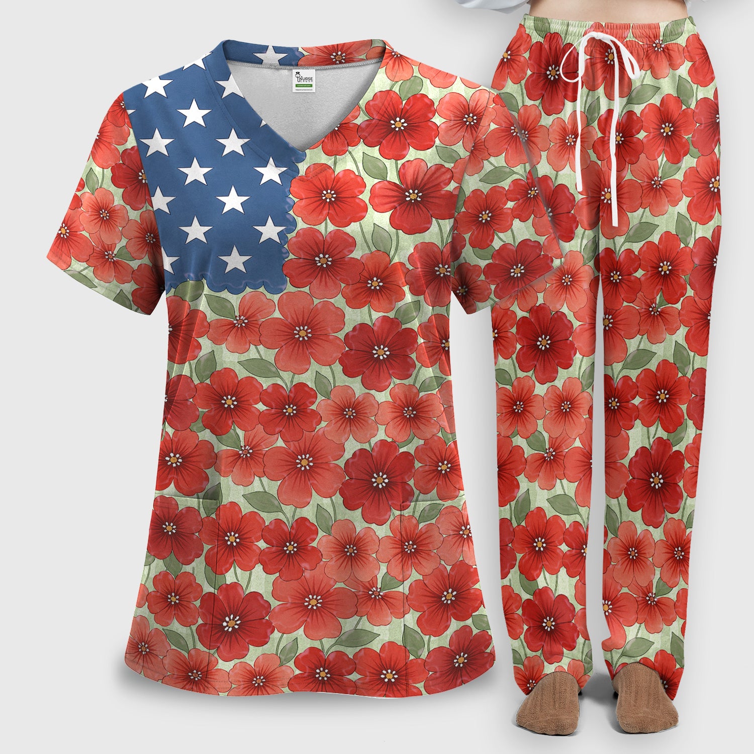 Patriotic USA Flag With Red Floral Blossom Pattern Scrub Set, Scrub Pants and V Neck Top