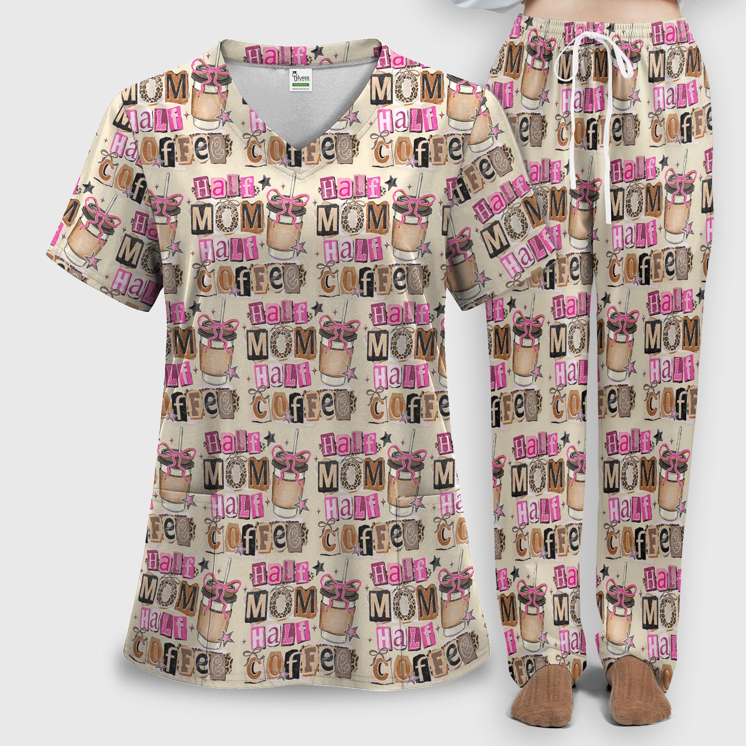 Half Mom Half Coffee Print Scrub Set, Scrub Pants and V Neck Top