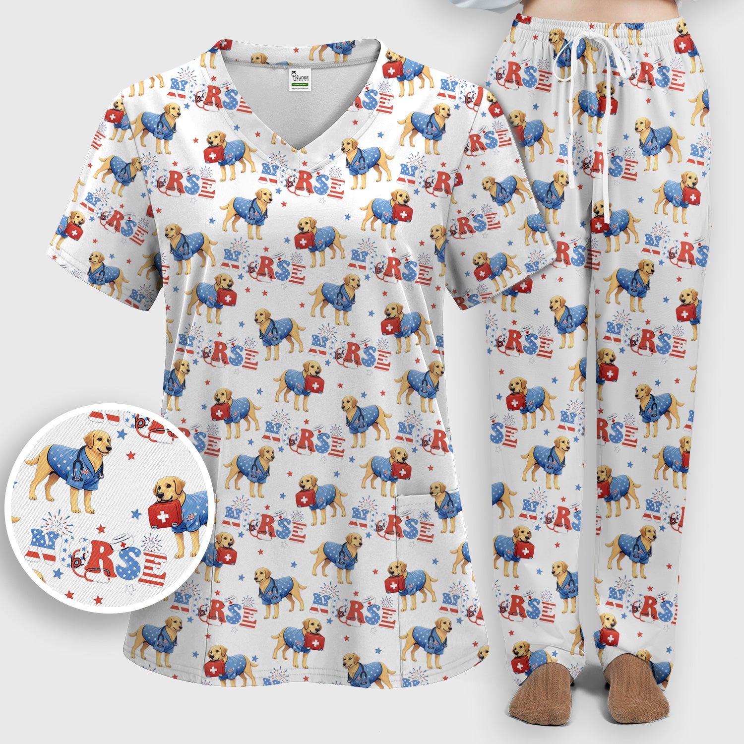 Patriotic Nurse Dog Medical Pattern Pattern Scrub Set, Women's Scrub Sets