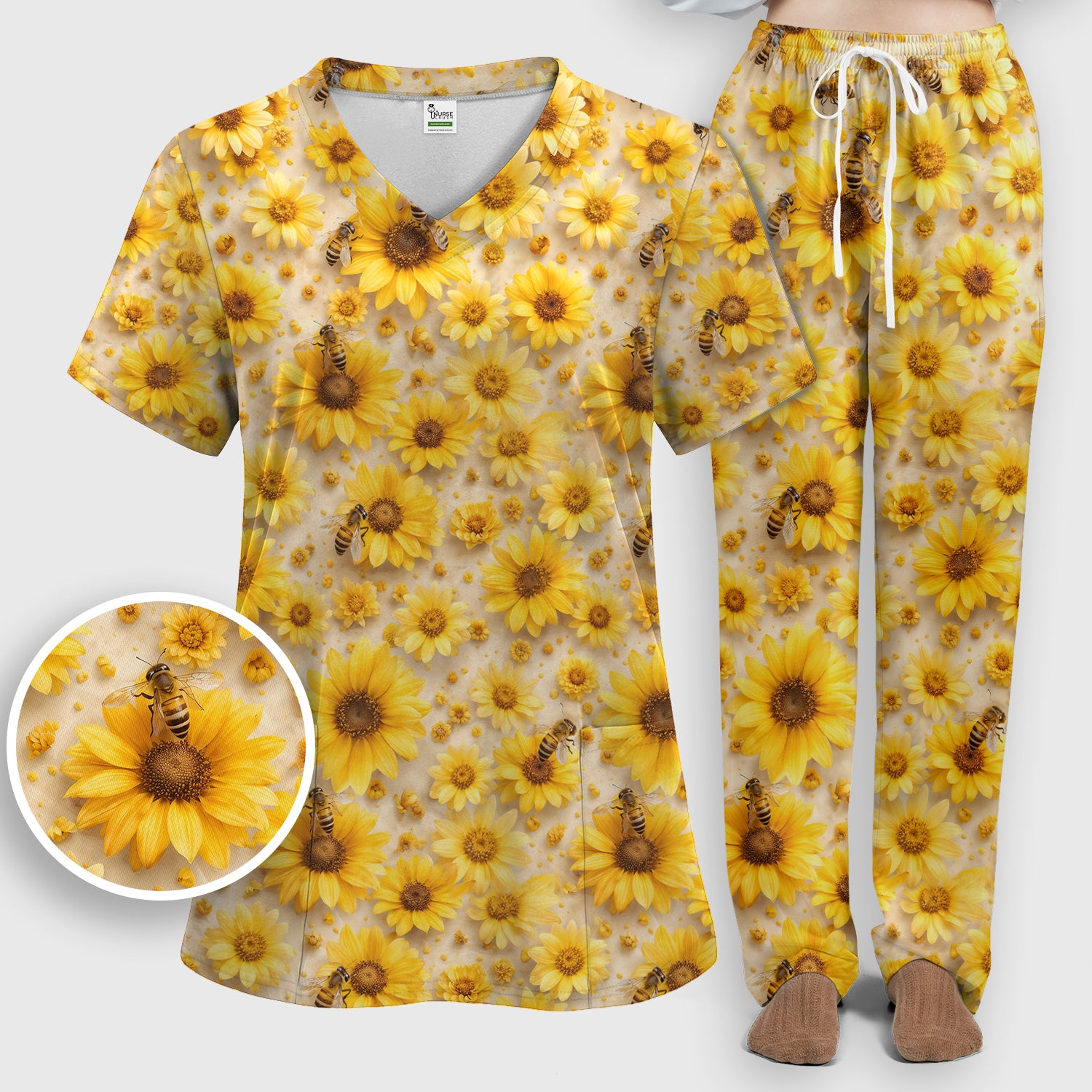 Yellow Sunflower Bee Garden Bloom Pattern Scrub Set, Scrub Pants and V Neck Top