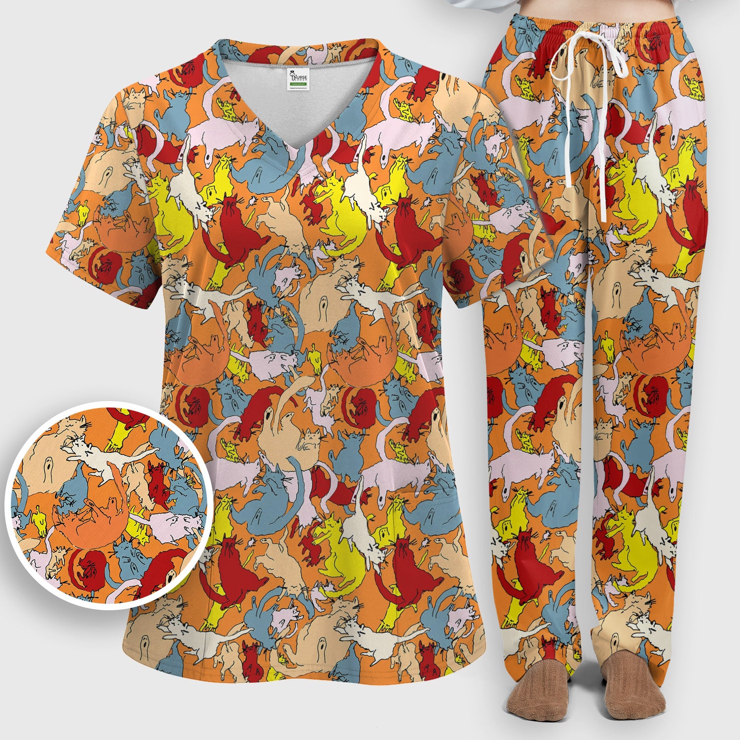 Colorful Cat Chaos Illustration Pattern Scrub Set, Scrub Pants and V Neck Top