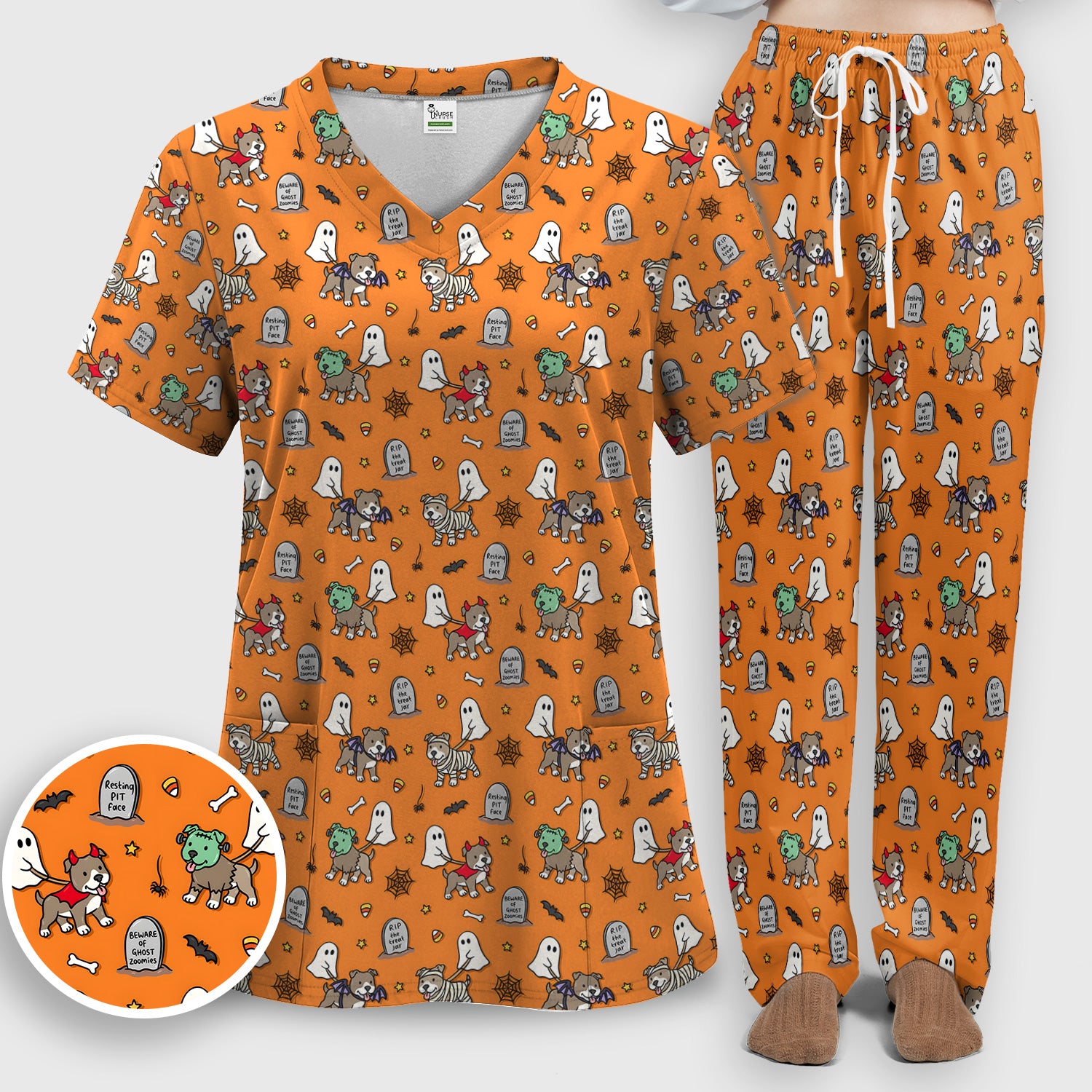 Cute Halloween Pit Bull Costumes Scrub Set, Scrub Pants and V Neck Top