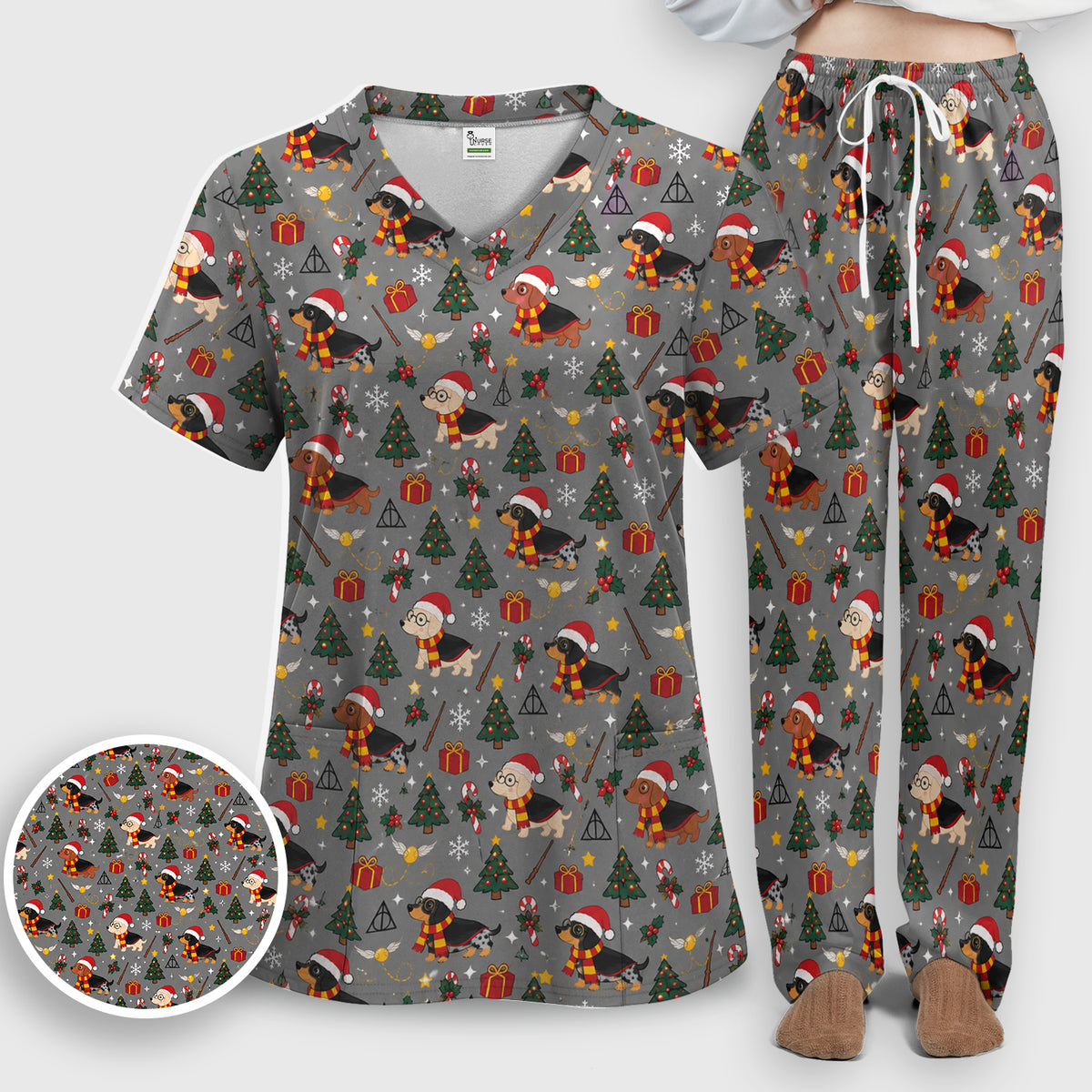 Christmas Wizard Dachshunds Pattern Scrub Set, Scrub Pants and V Neck Top