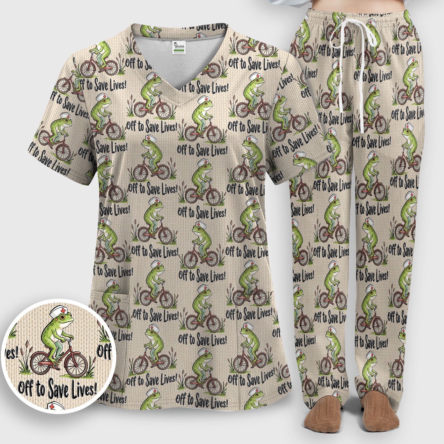 Nurse Frog Riding Bicycle Pattern Scrub Top, Breathable Fabrics Nursing Uniform Scrub Set, Scrub Pants and V Neck Top