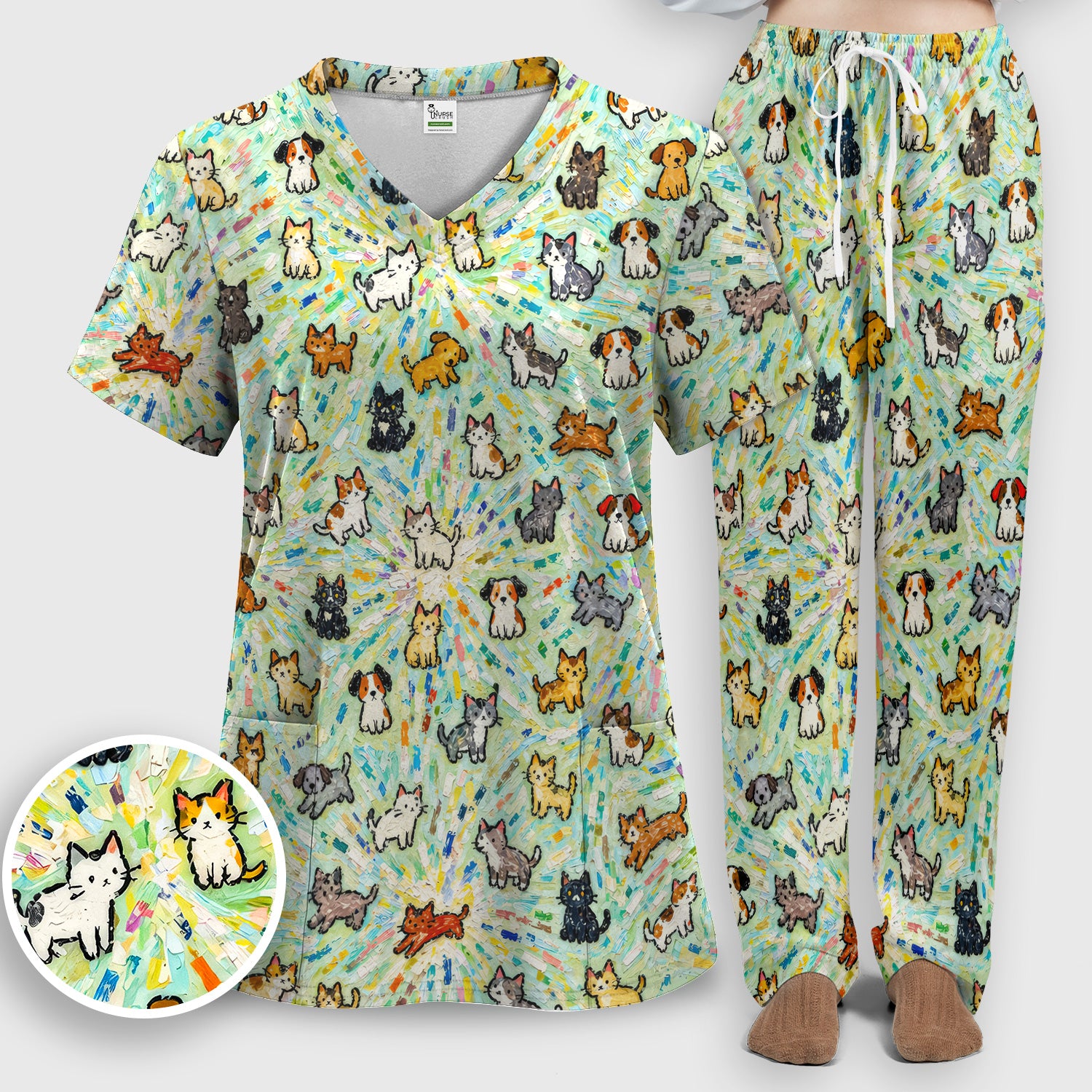 Colorful Cats Dogs Doodle Pattern Scrub Set, Scrub Pants and V Neck Top