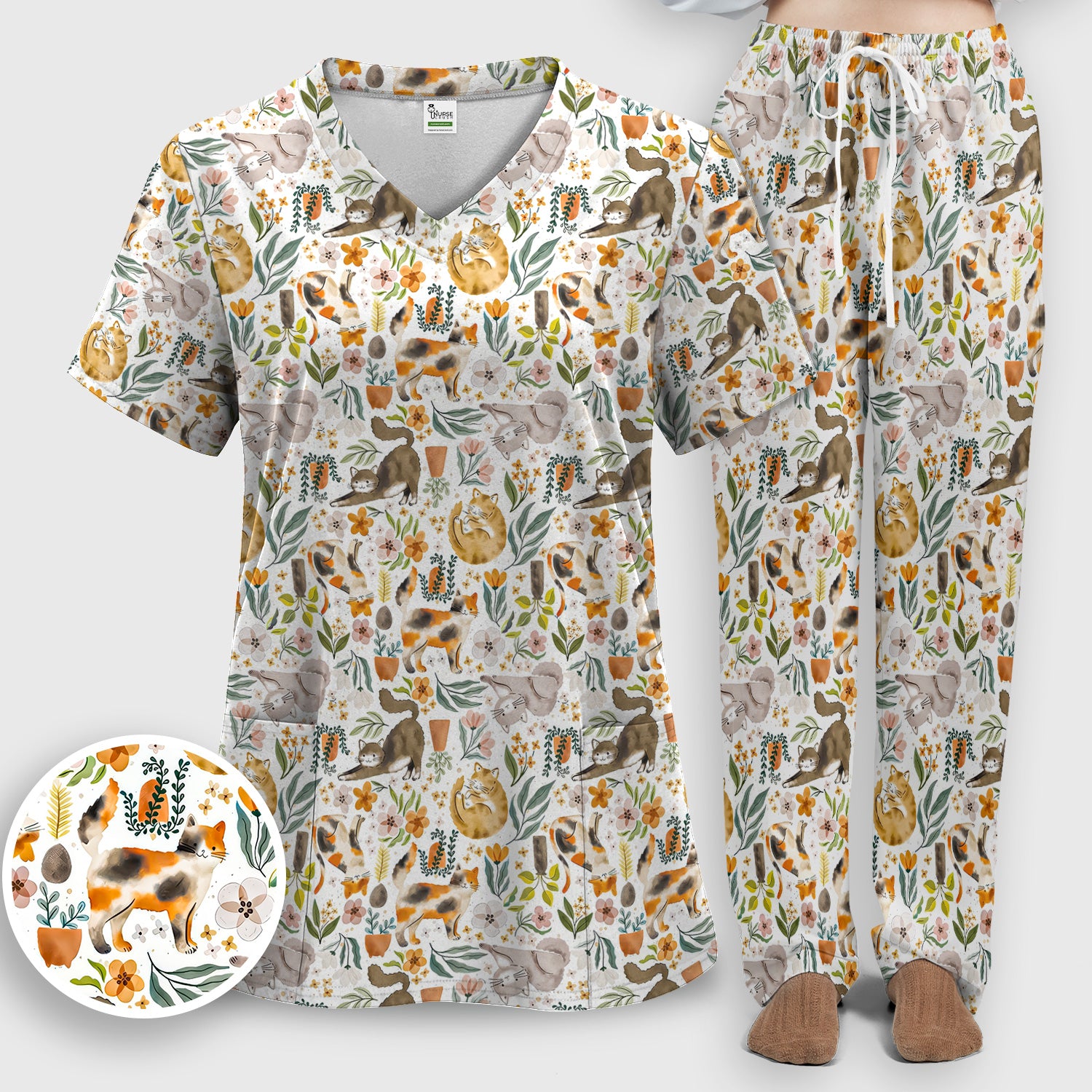 Cat Wildflower Garden Floral Pattern Scrub Set, Scrub Pants and V Neck Top
