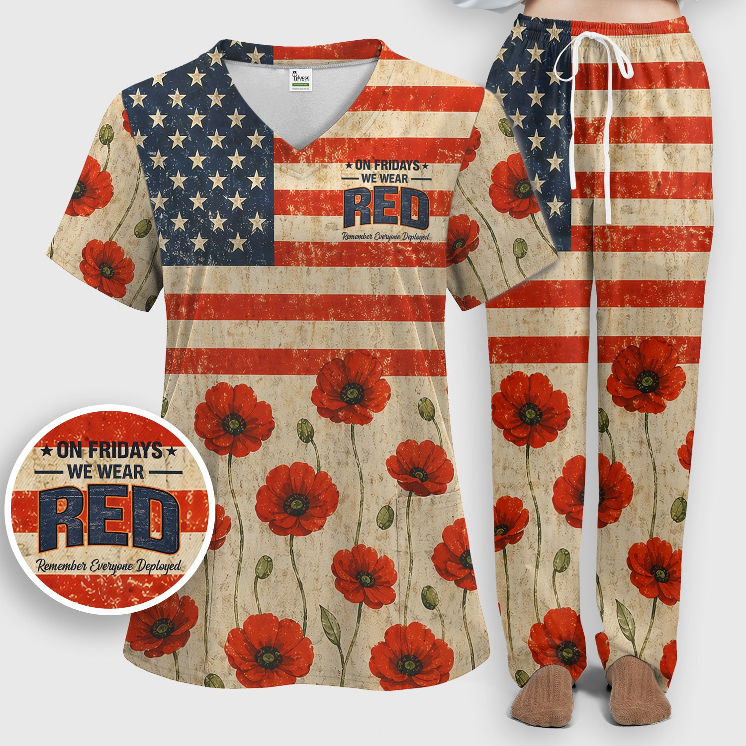 Patriotic American Flag Poppy Flower Pattern Scrub Set, Scrub Pants and V Neck Top