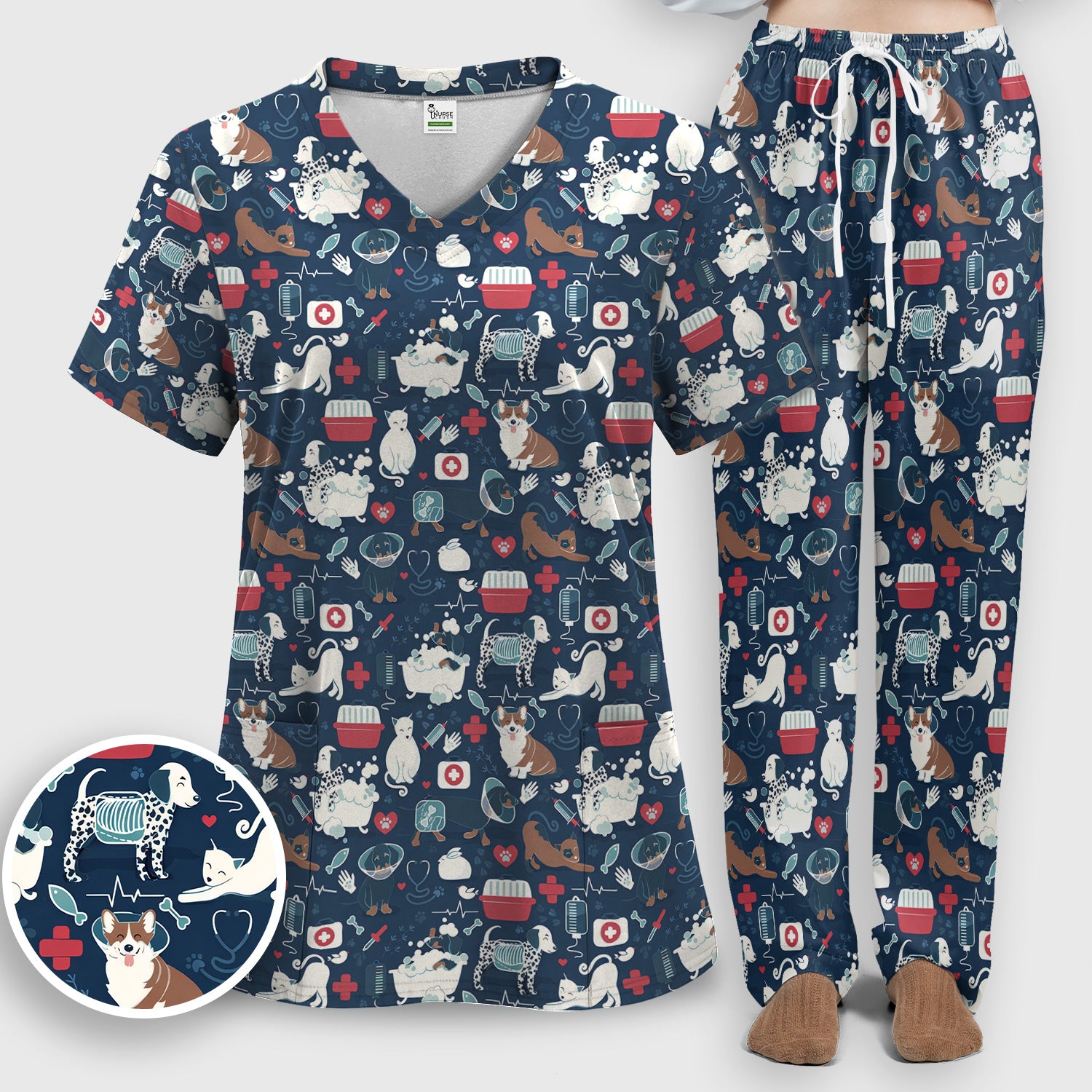 Dogs With Veterinary Tools And Paw Print Scrub Set, Breathable Med Uniform
