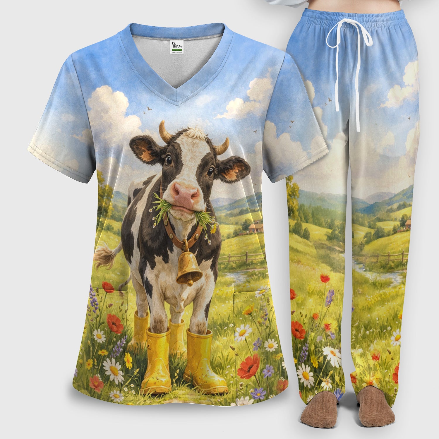Cute Cow Wearing Boots Meadow Scene Pattern Scrub Set, Scrub Pants and V Neck Top