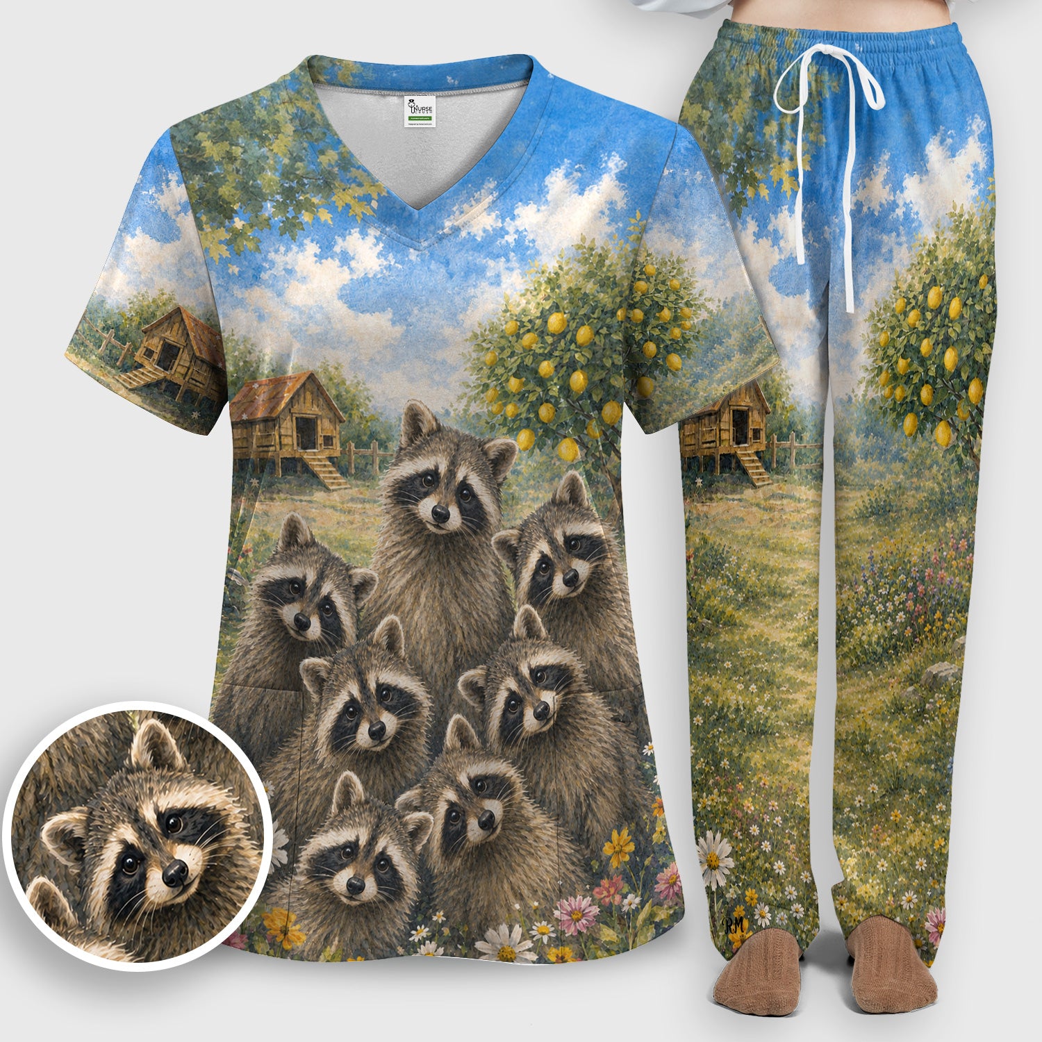 Adorable Raccoon Family Garden Pattern Scrub Set, Scrub Pants and V Neck Top