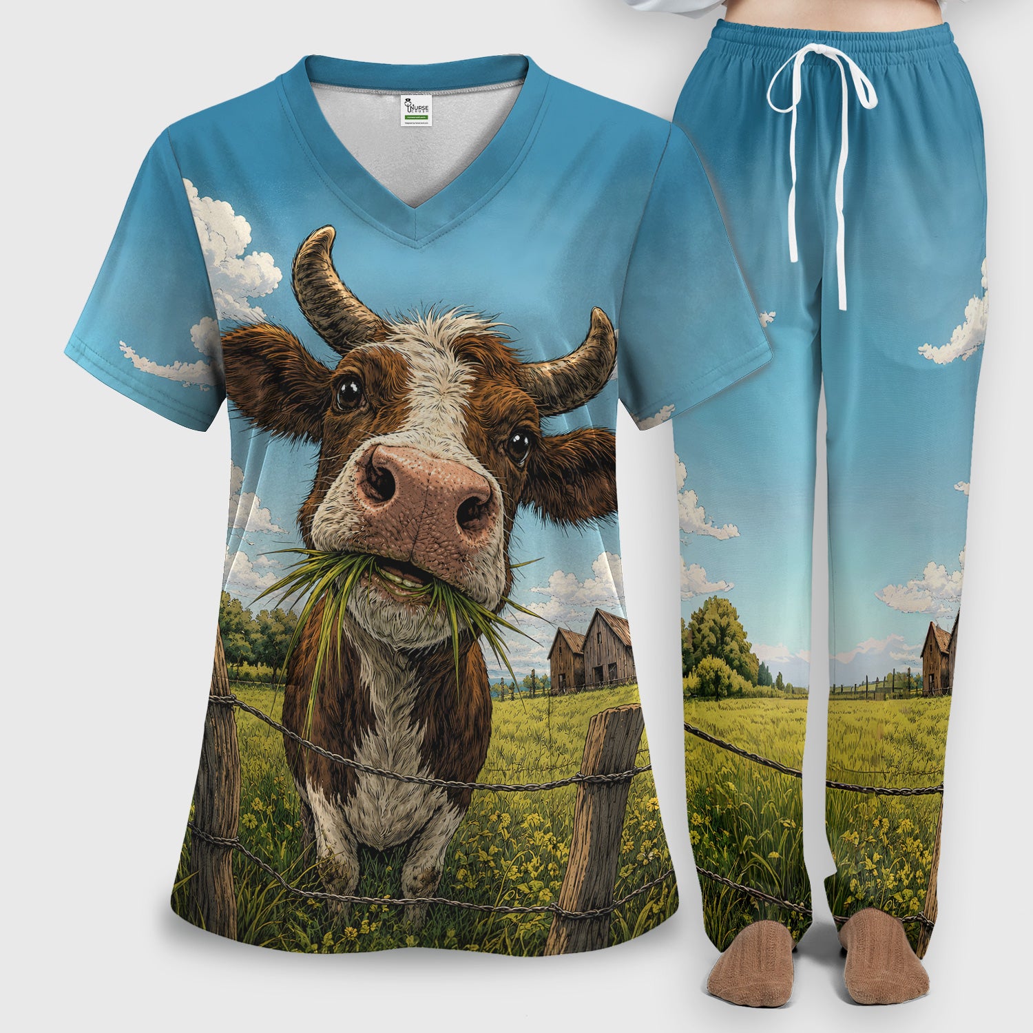 Curious Highland Cow Farm Scene Scrub Set, Scrub Pants and V Neck Top