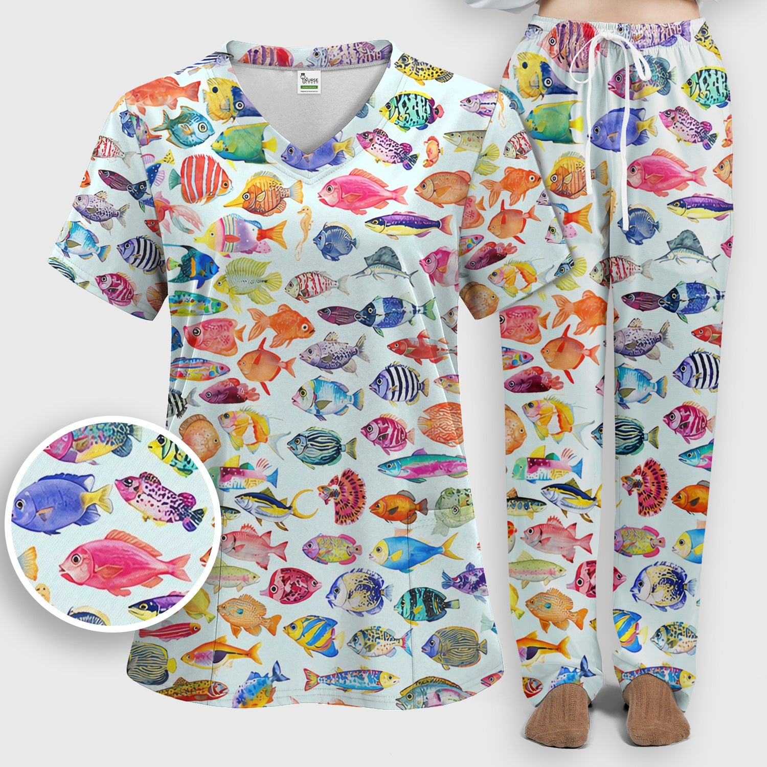 Colorful Tropical Fish Print Scrub Set, Scrub Pants and V Neck Top