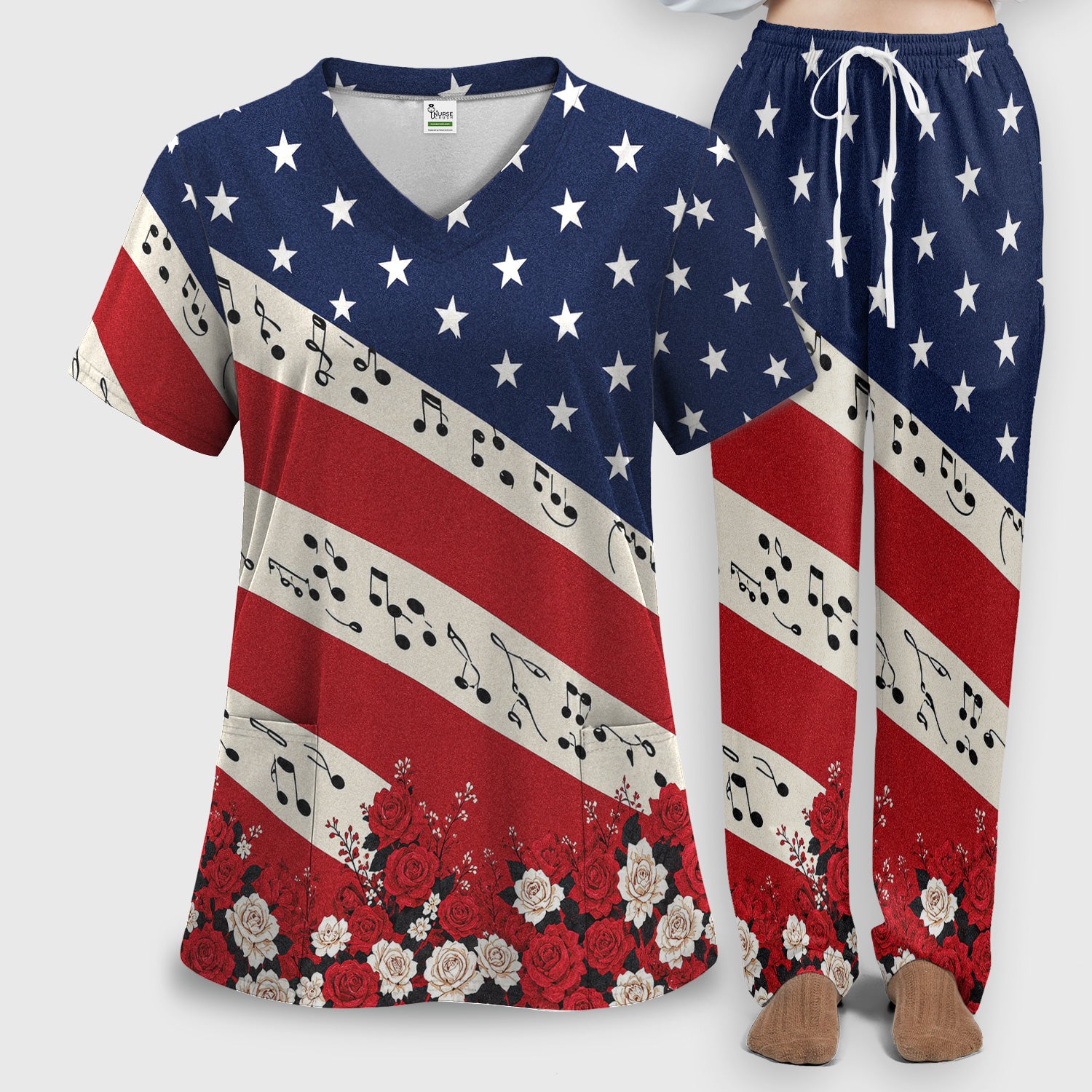Patriotic Music Notes Nurse Scrub Top for RN, CNA, Healthcare Workers, Floral USA Uniform Scrub Set, Scrub Pants and V Neck Top