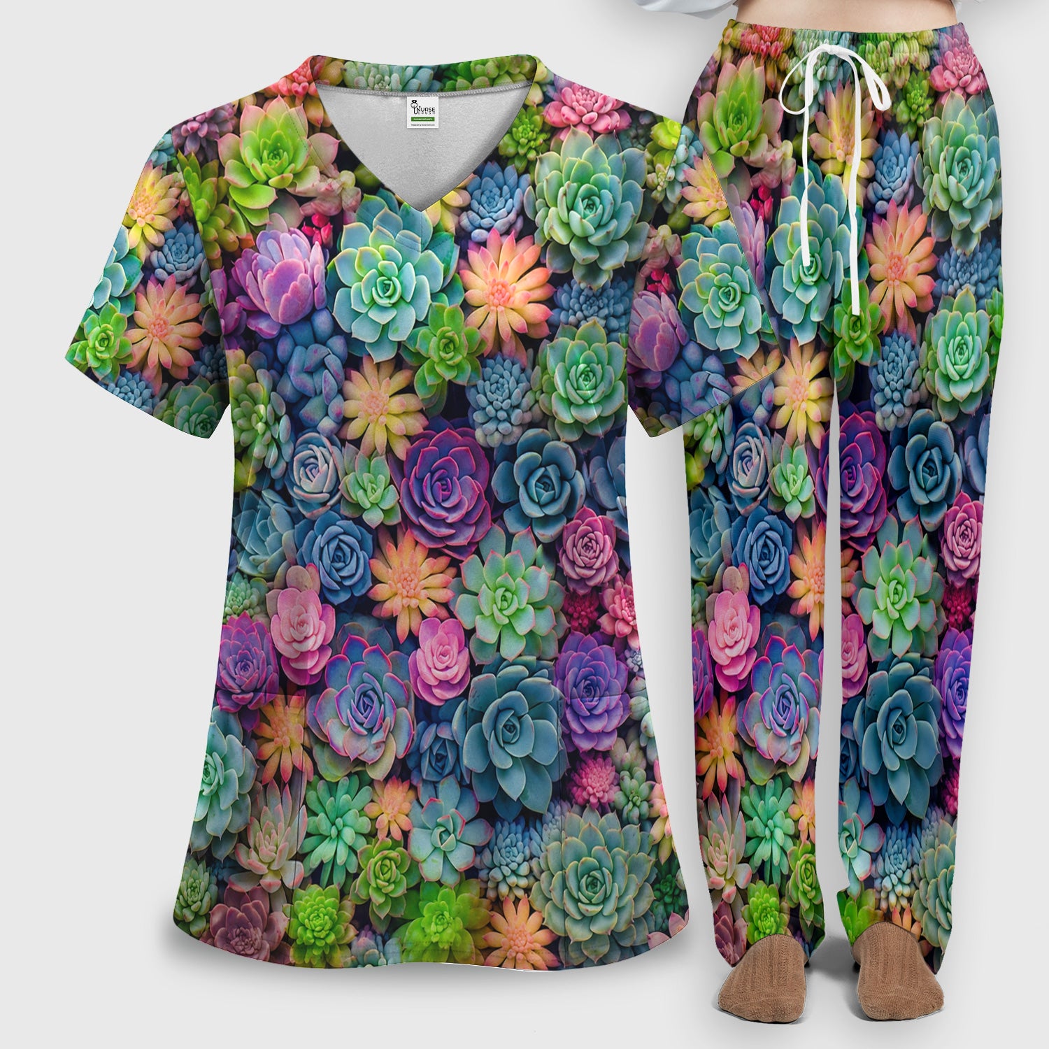 Cute Nurse Scrub Top Boho Succulent Flower Pattern Scrub Set, Scrub Pants and V Neck Top