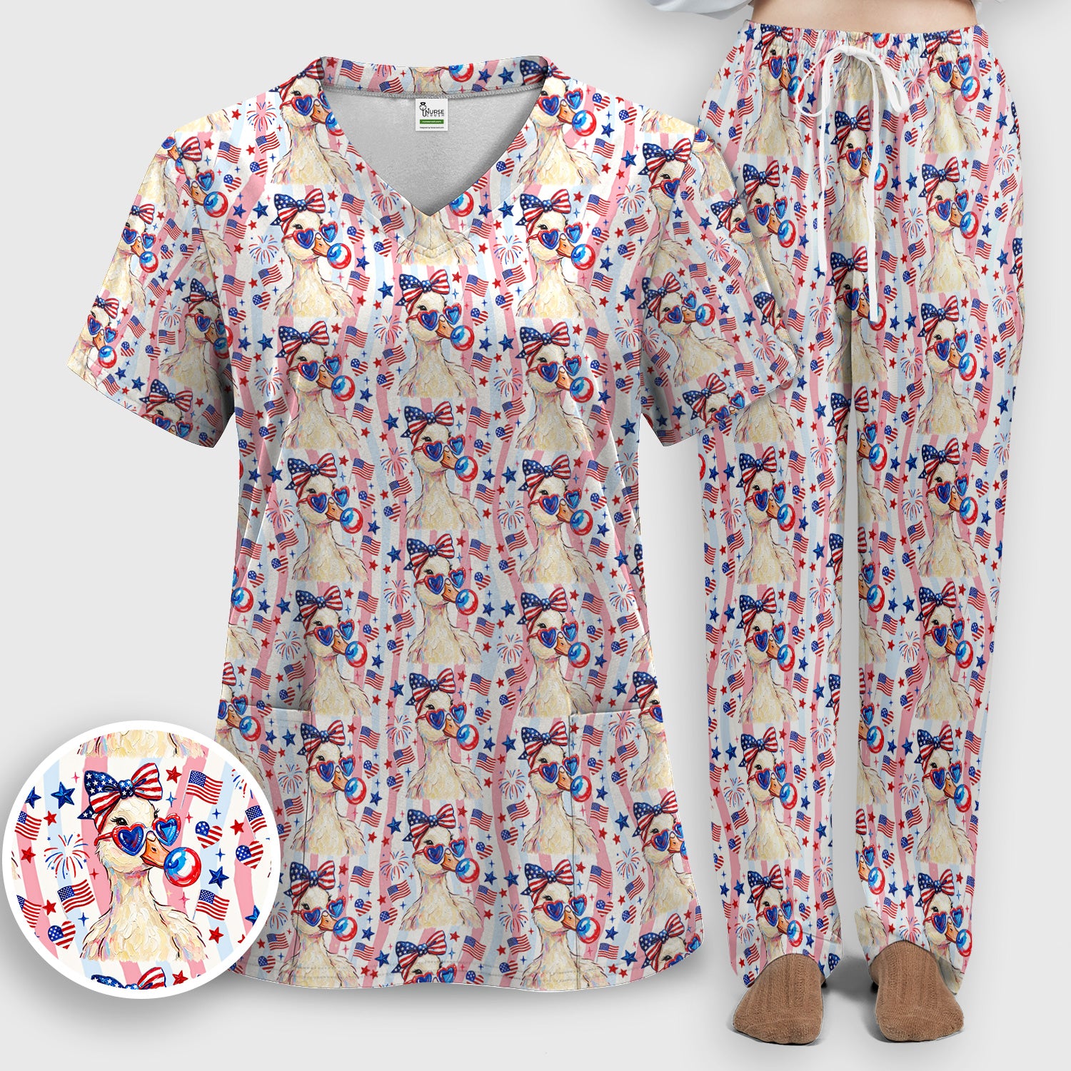 Cute Patriotic Goose Nurse Pattern Scrub Set, Scrub Pants and V Neck Top