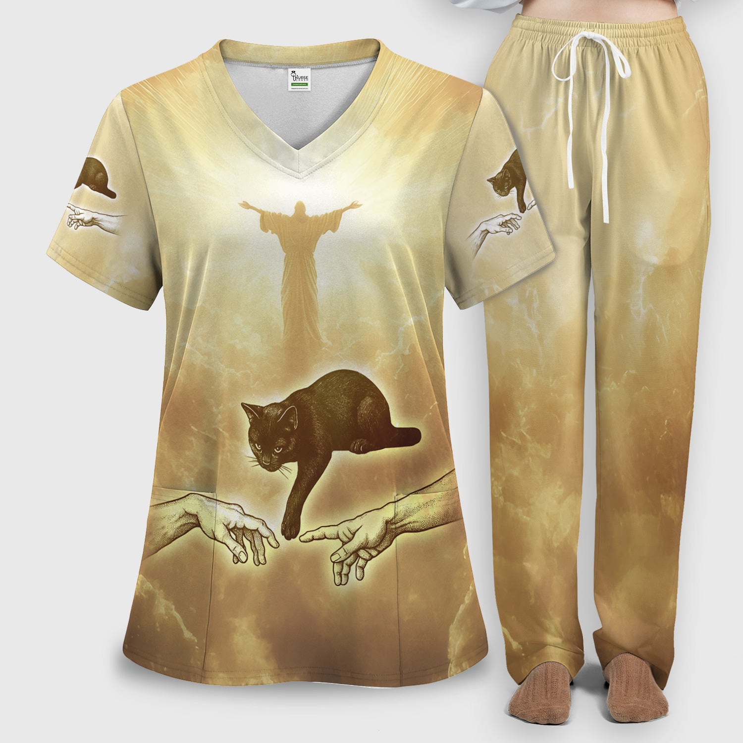 Golden Angel Cat Art Medical Scrub Set V Neck Nursing Uniform