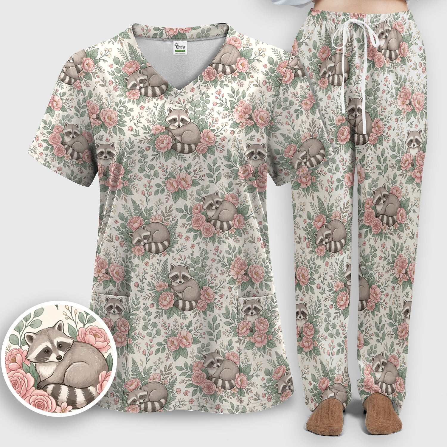 Sleeping Raccoon Rose Garden Pattern Scrub Set, Scrub Pants and V Neck Top
