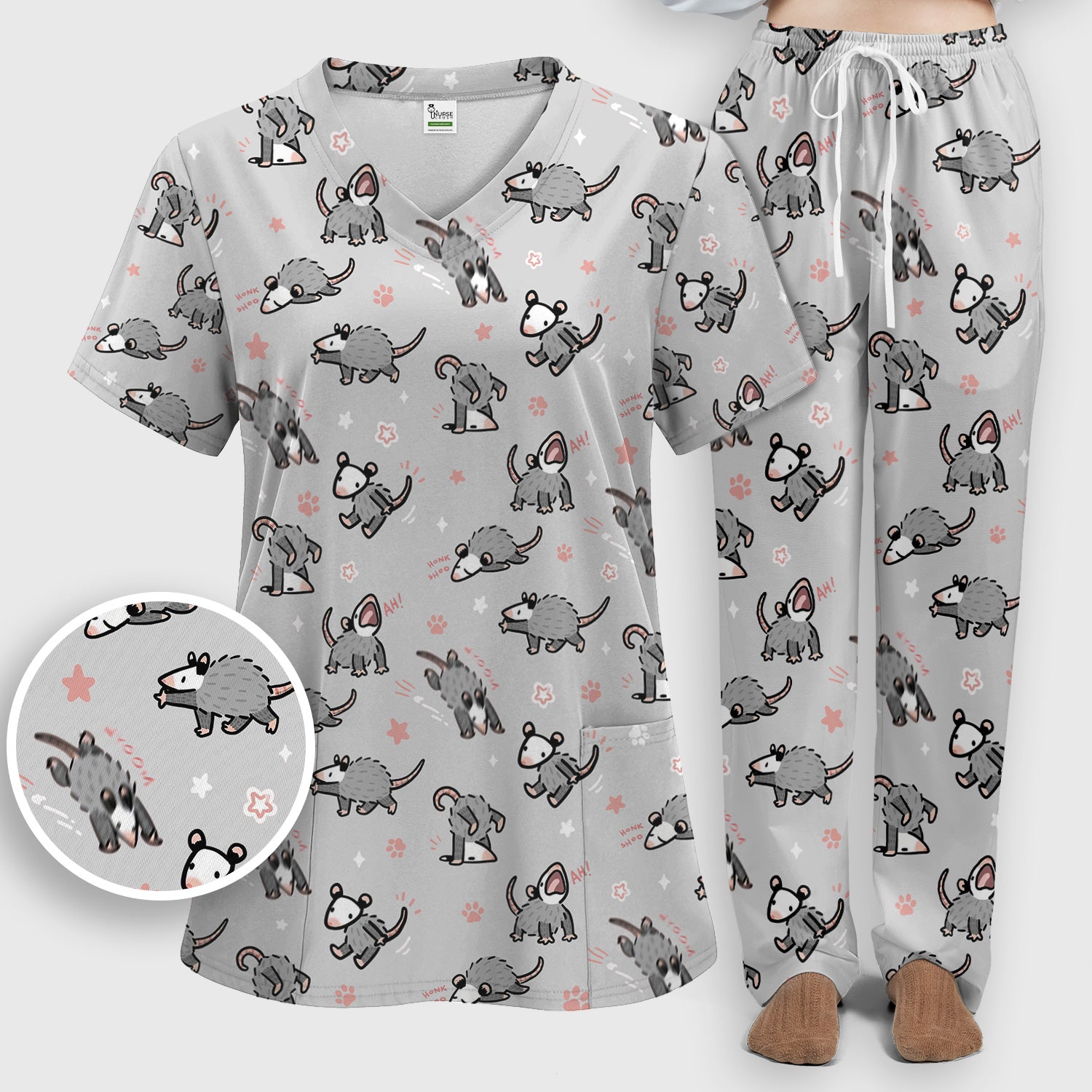 Playful Cartoon Opossum Character Pattern Scrub Set, Women's Scrub Sets