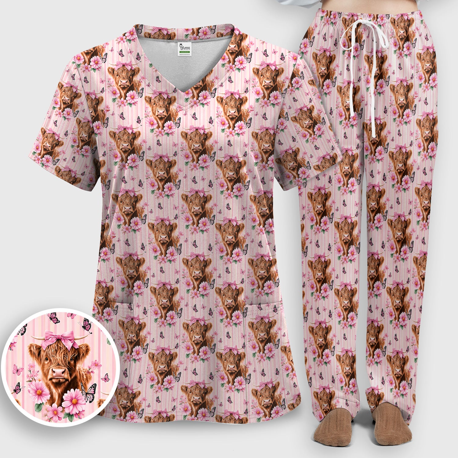 Pink Highland Cow Floral Scrub Set, Scrub Pants and V Neck Top
