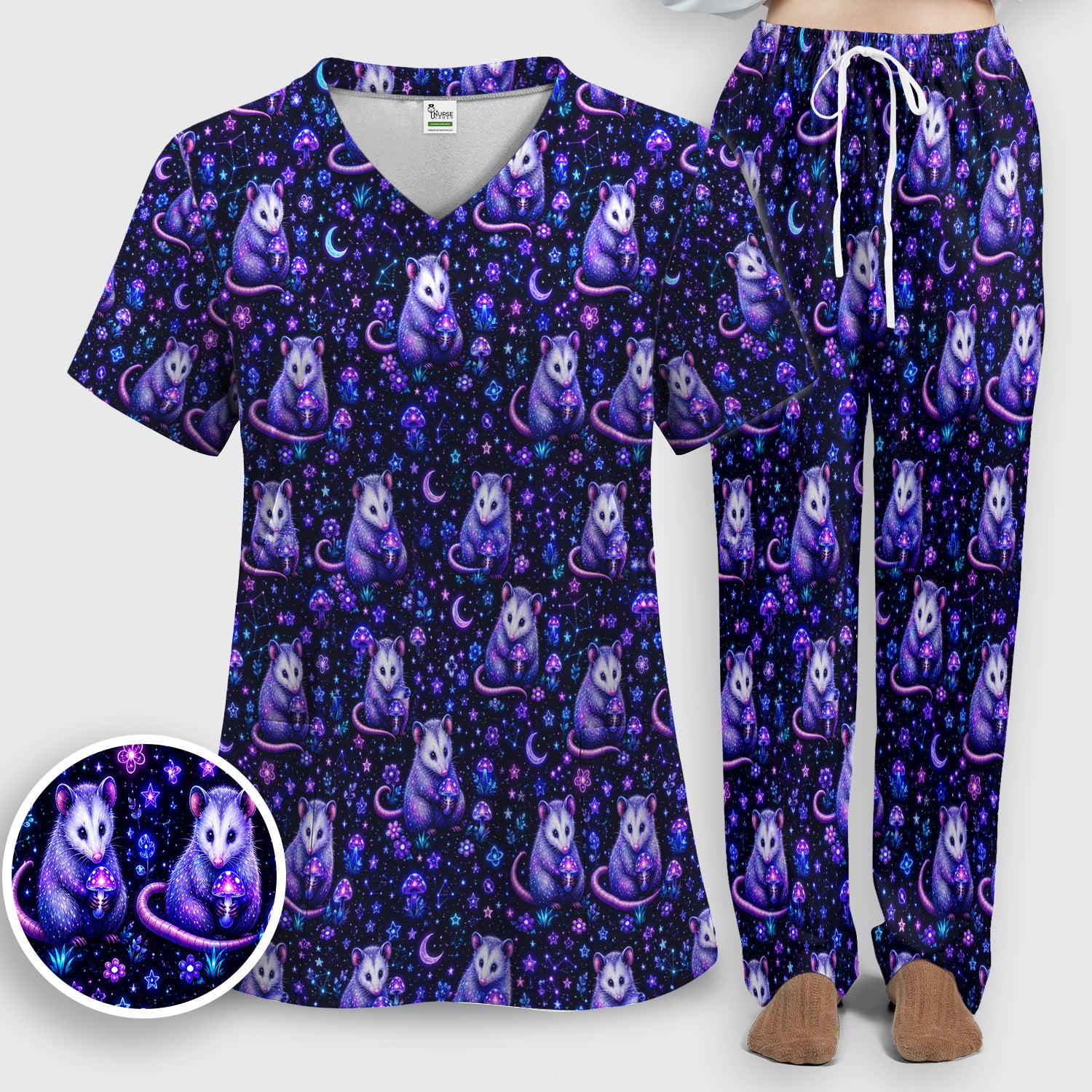 Neon Opossum Mushroom Galaxy Pattern Scrub Set, Scrub Pants and V Neck Top