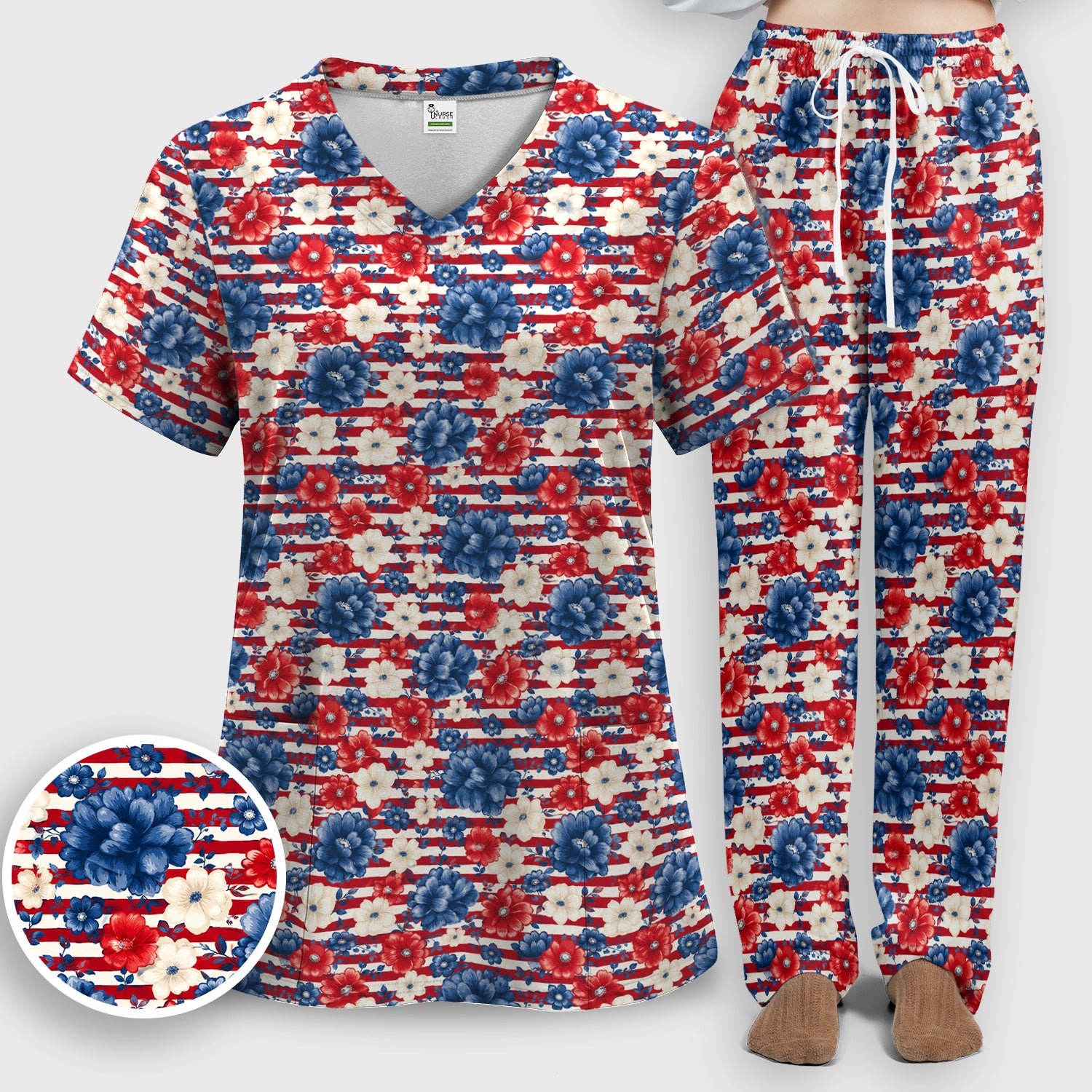 Patriotic Nurse Floral Stripe Pattern Scrub Set, Scrub Pants and V Neck Top