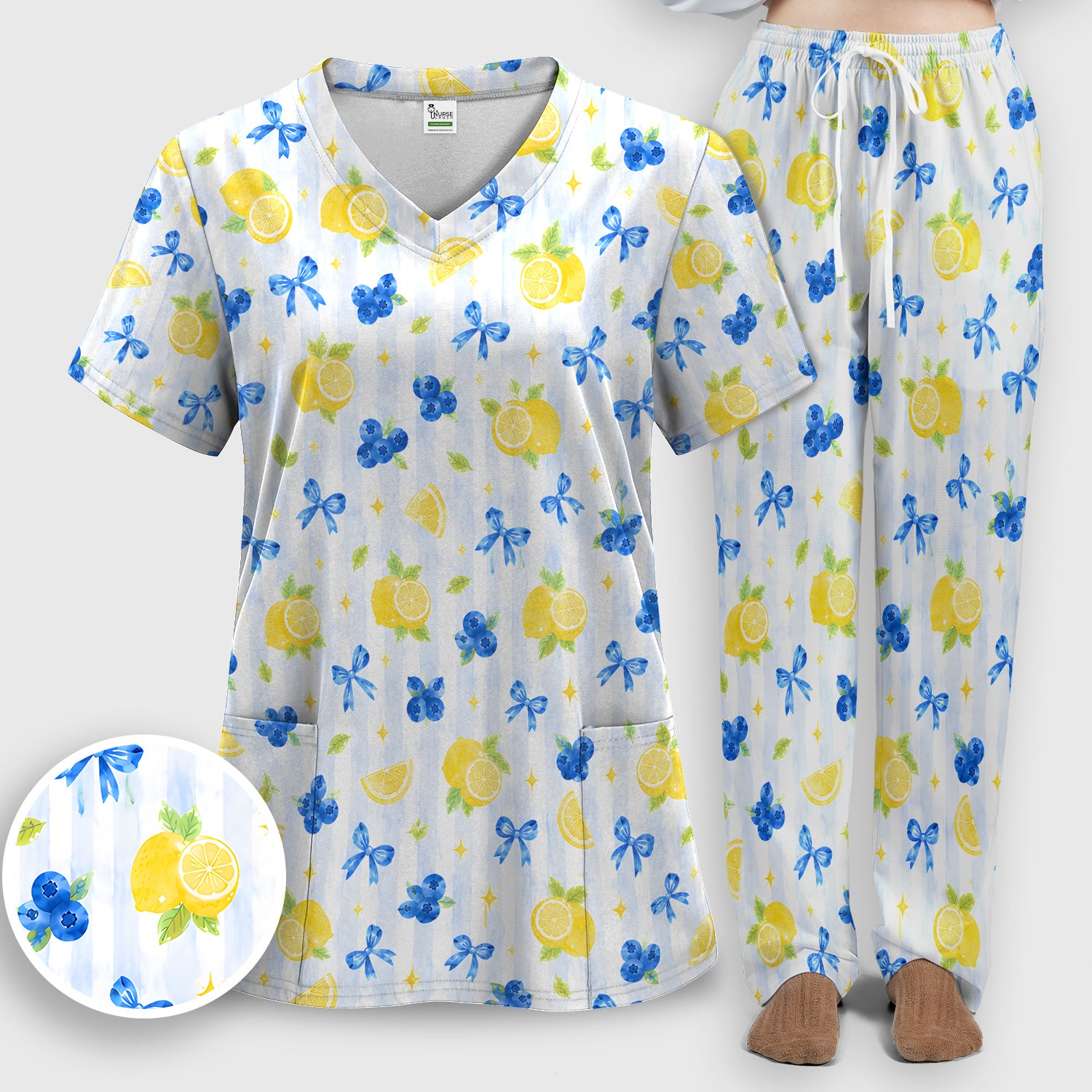 Lemon Blueberry Bow Nurse Print Scrub Set, Scrub Pants and V Neck Top
