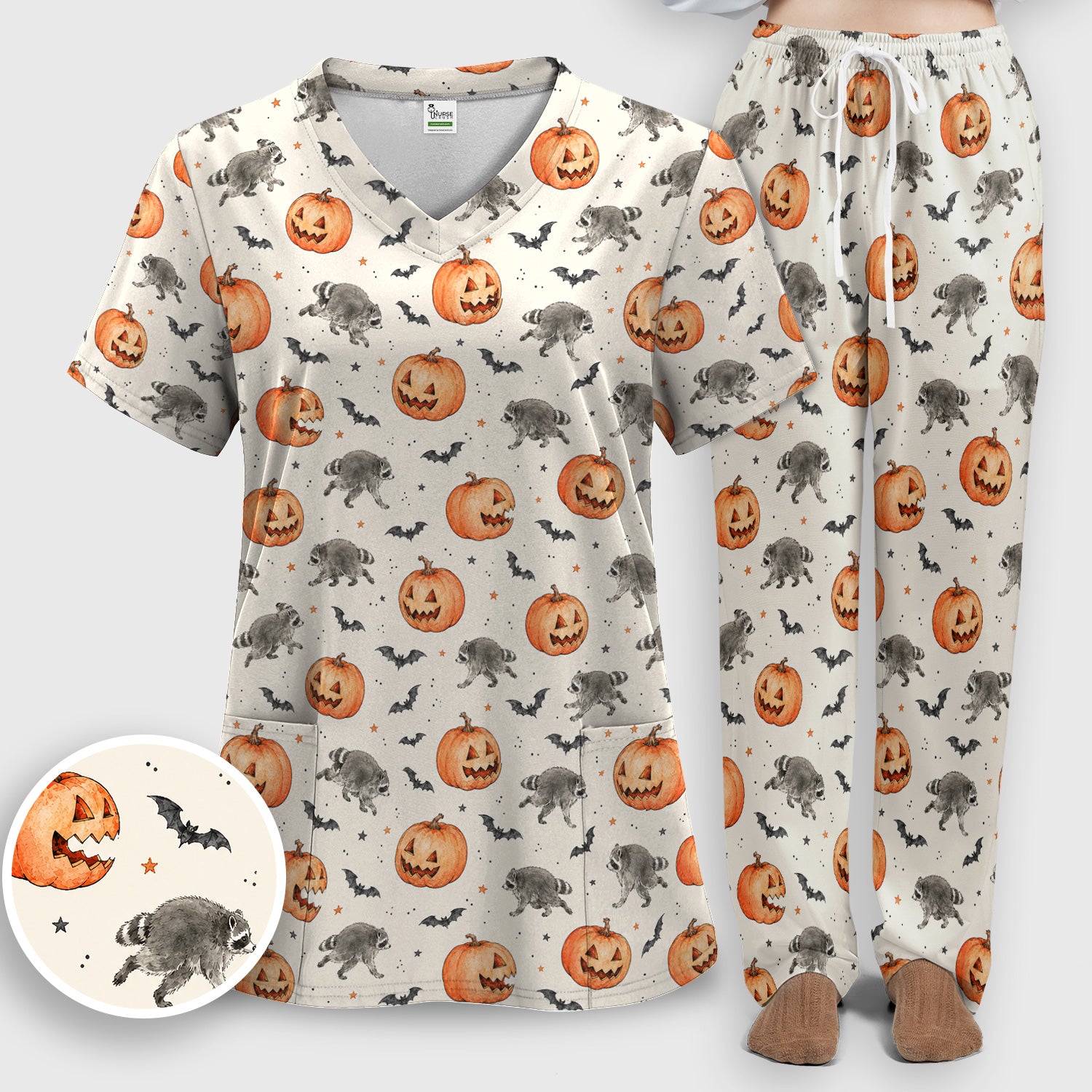 Spooky Halloween Raccoon And Pumpkin Scrub Set, Scrub Pants and V Neck Top