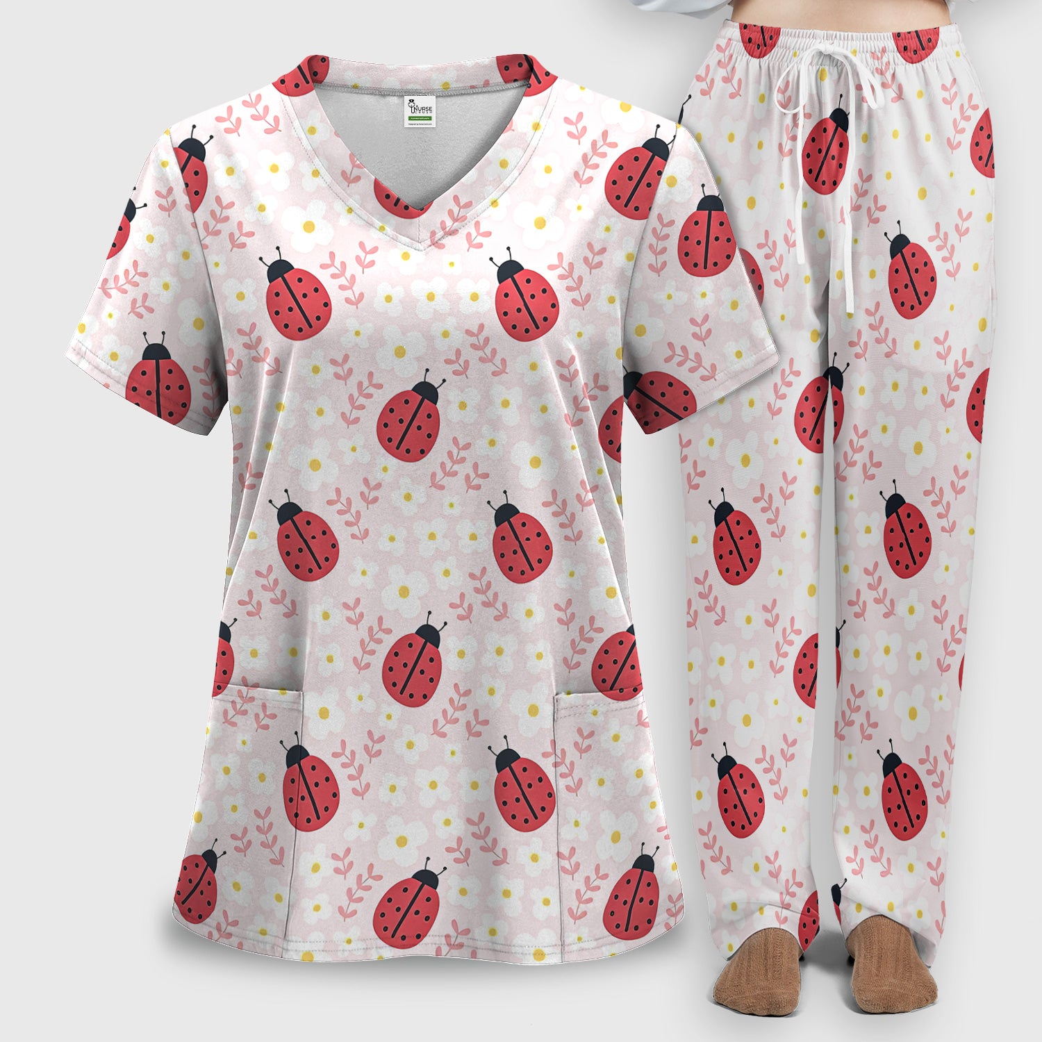 Lovely Ladybug Blossom Garden Print Scrub Set, Women's Scrub Sets