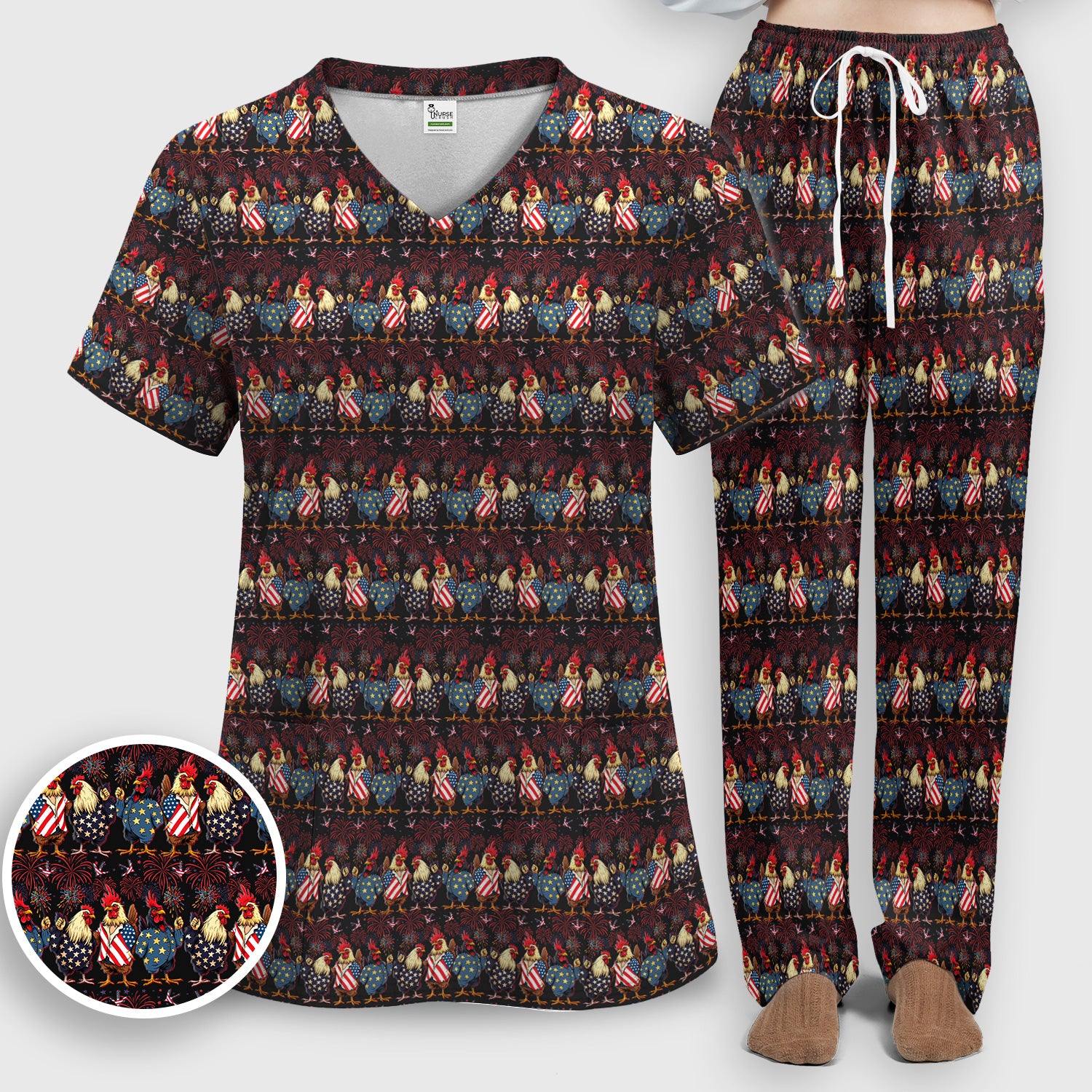Patriotic Rooster Fireworks Pattern Scrub Set, Scrub Pants and V Neck Top