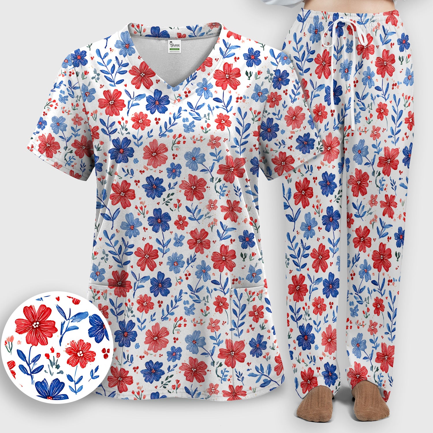 Patriotic Red White Blue Floral Print Scrub Set, Scrub Pants and V Neck Top