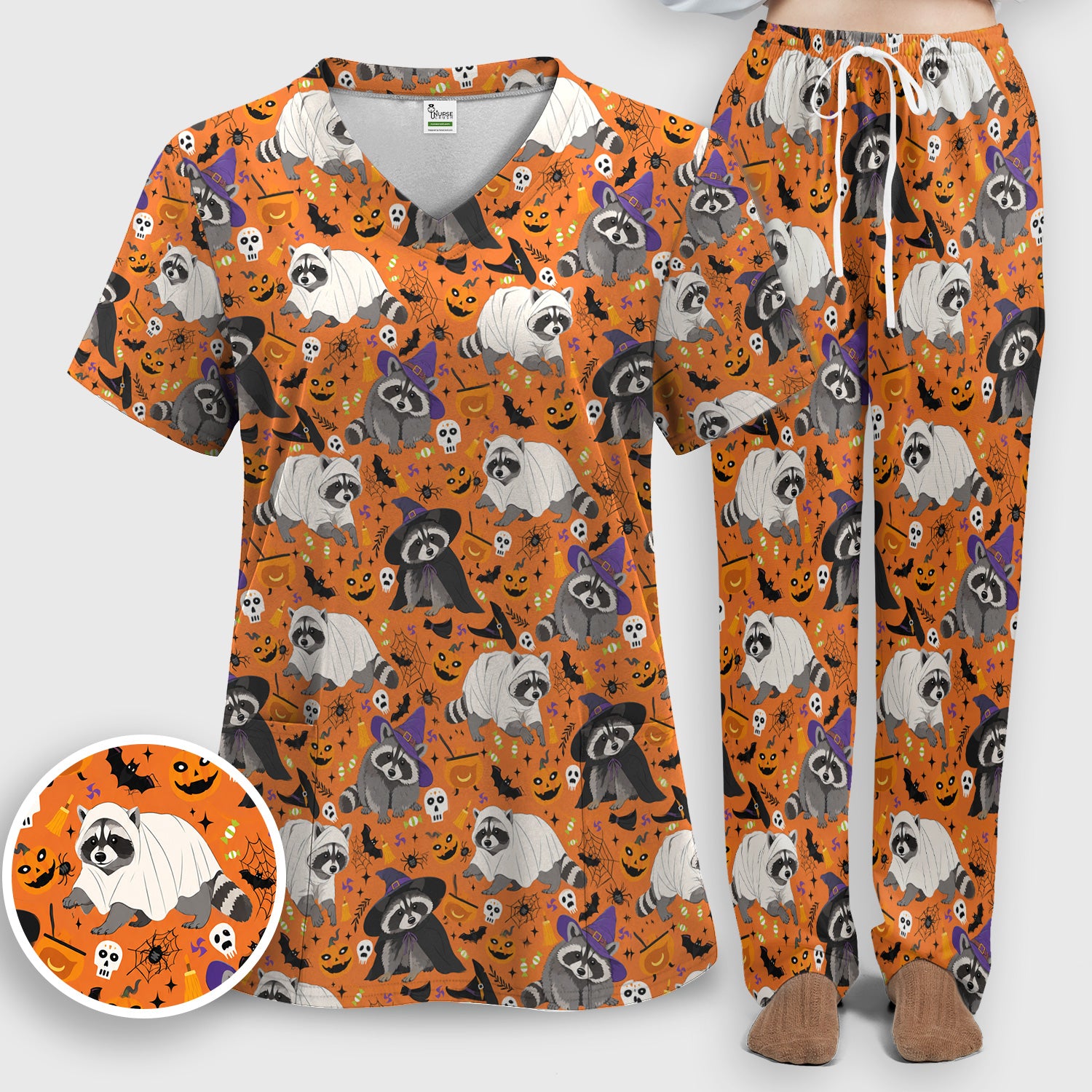 Cute Halloween Raccoon Costumes Print Scrub Set, Scrub Pants and V Neck Top