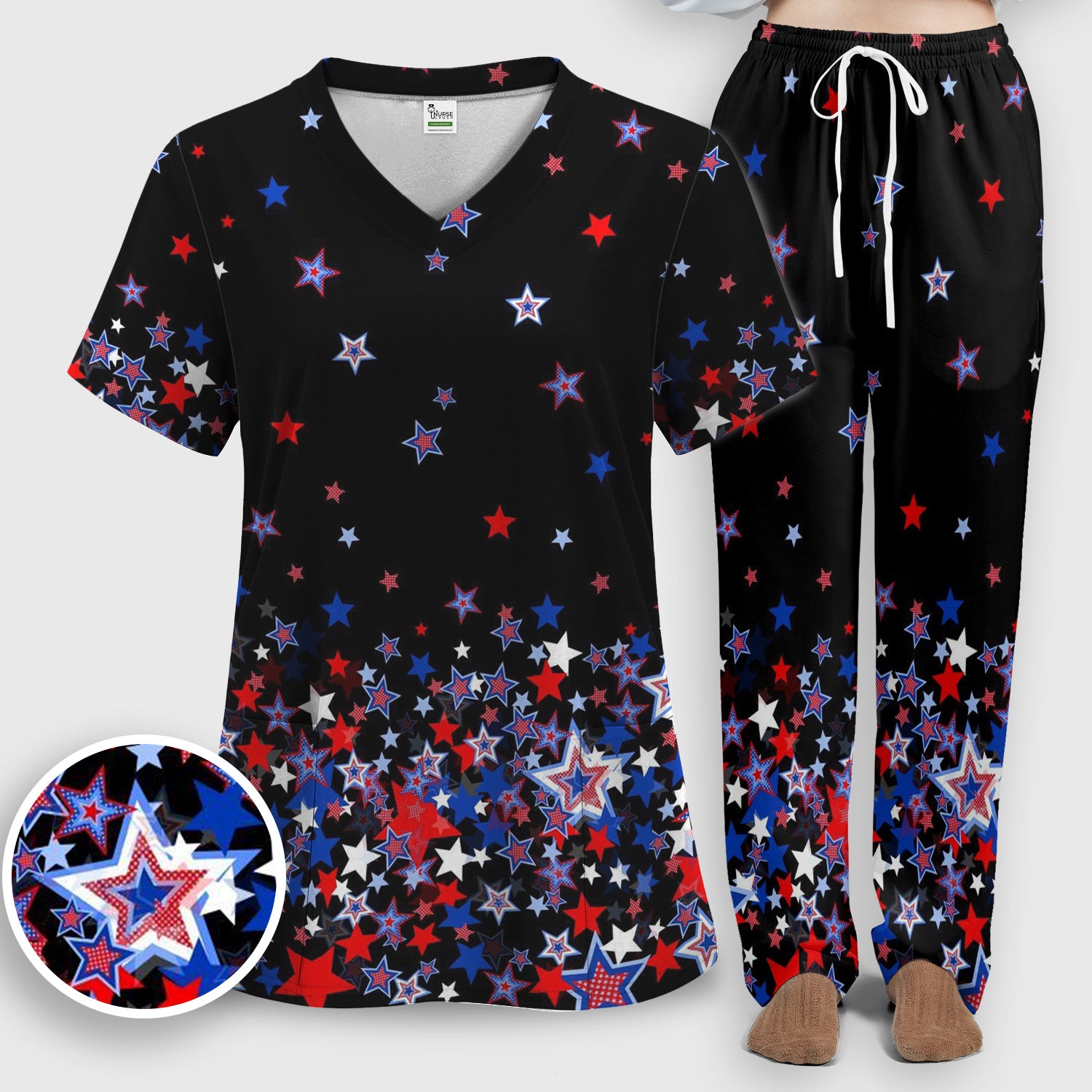 Festive Patriotic Red Blue Star Pattern Scrub Set, Scrub Pants and V Neck Top