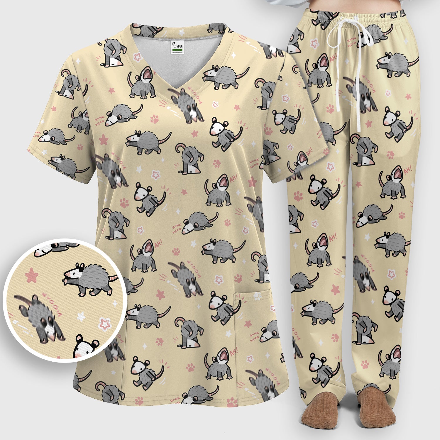 Playful Cartoon Opossum Character Pattern Scrub Set, Women's Scrub Sets