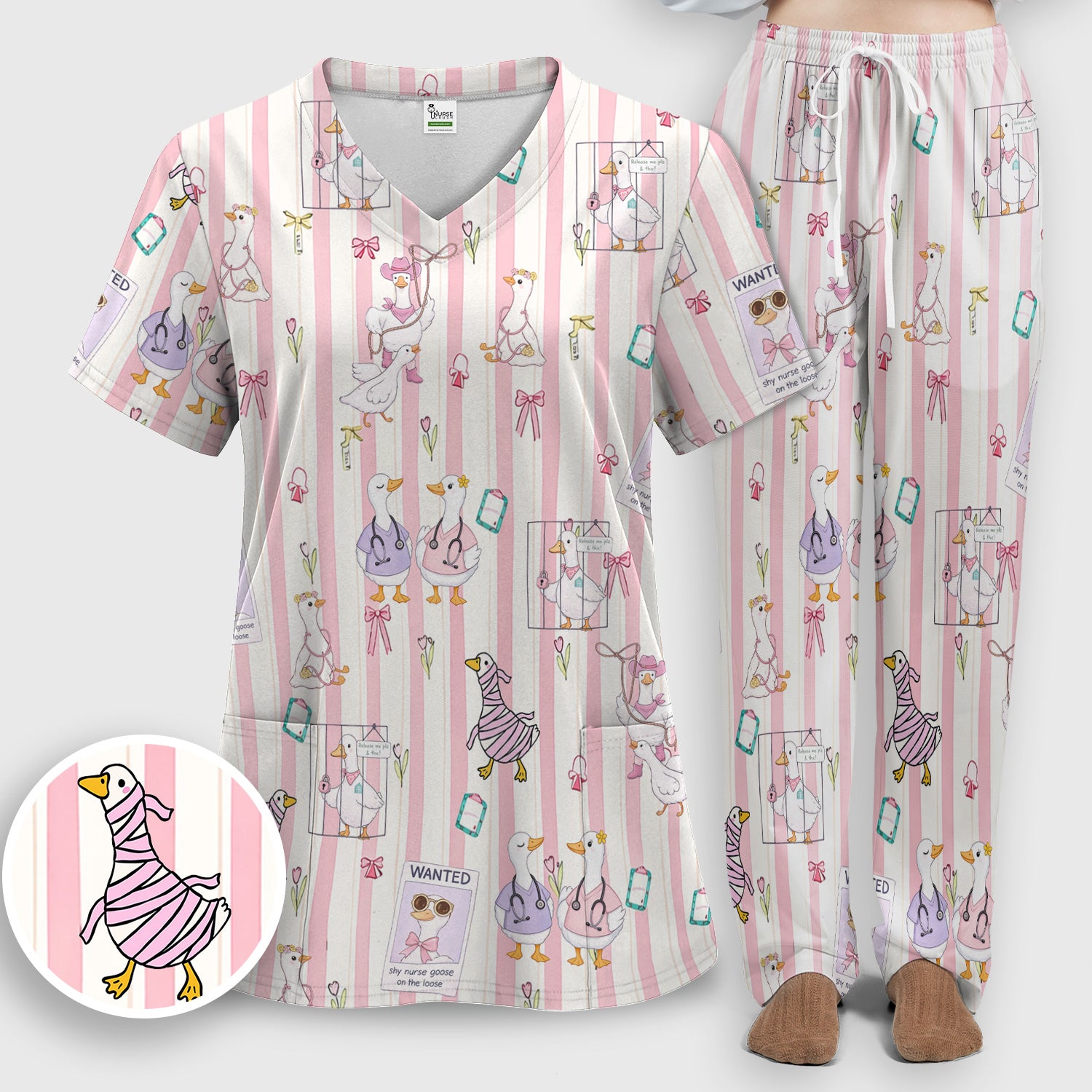 Cute Nurse Duck Stripe Pattern Scrub Set, Scrub Pants and V Neck Top