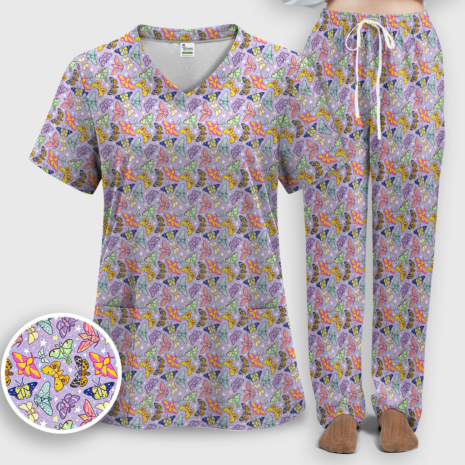 Colorful Butterfly Pattern Scrub Set, Women's Scrub Sets